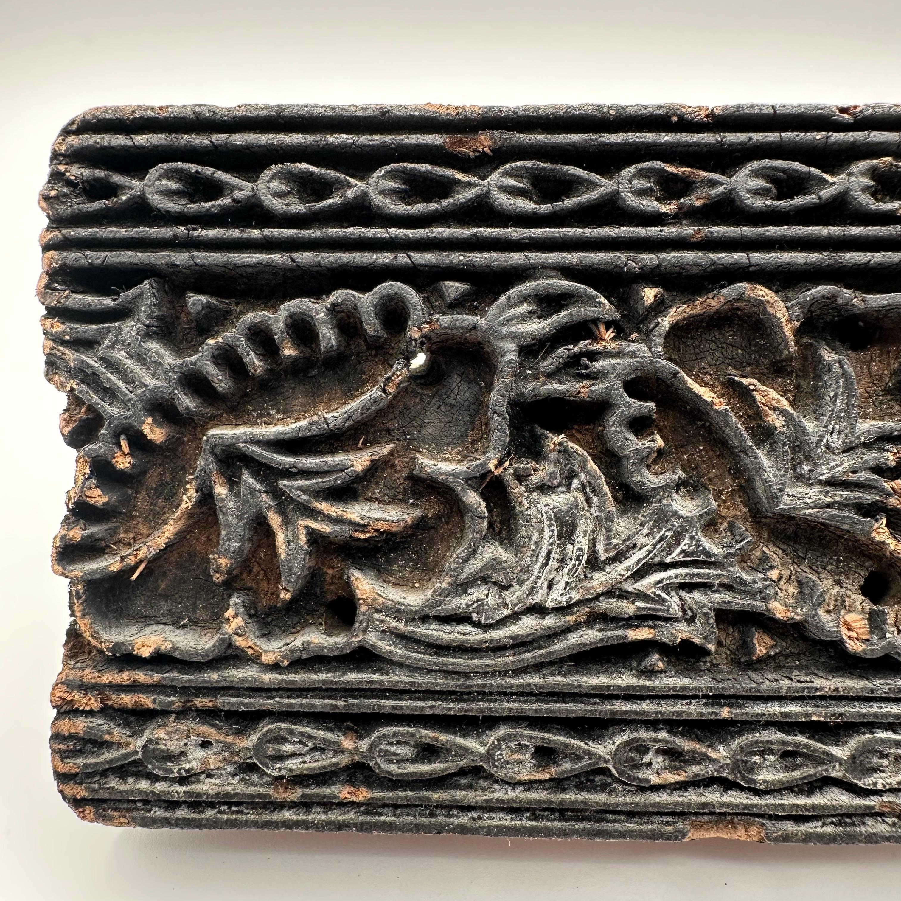 Hand-Carved Antique Hand Carved Wood Printing Block in Black with Floral Pattern For Sale