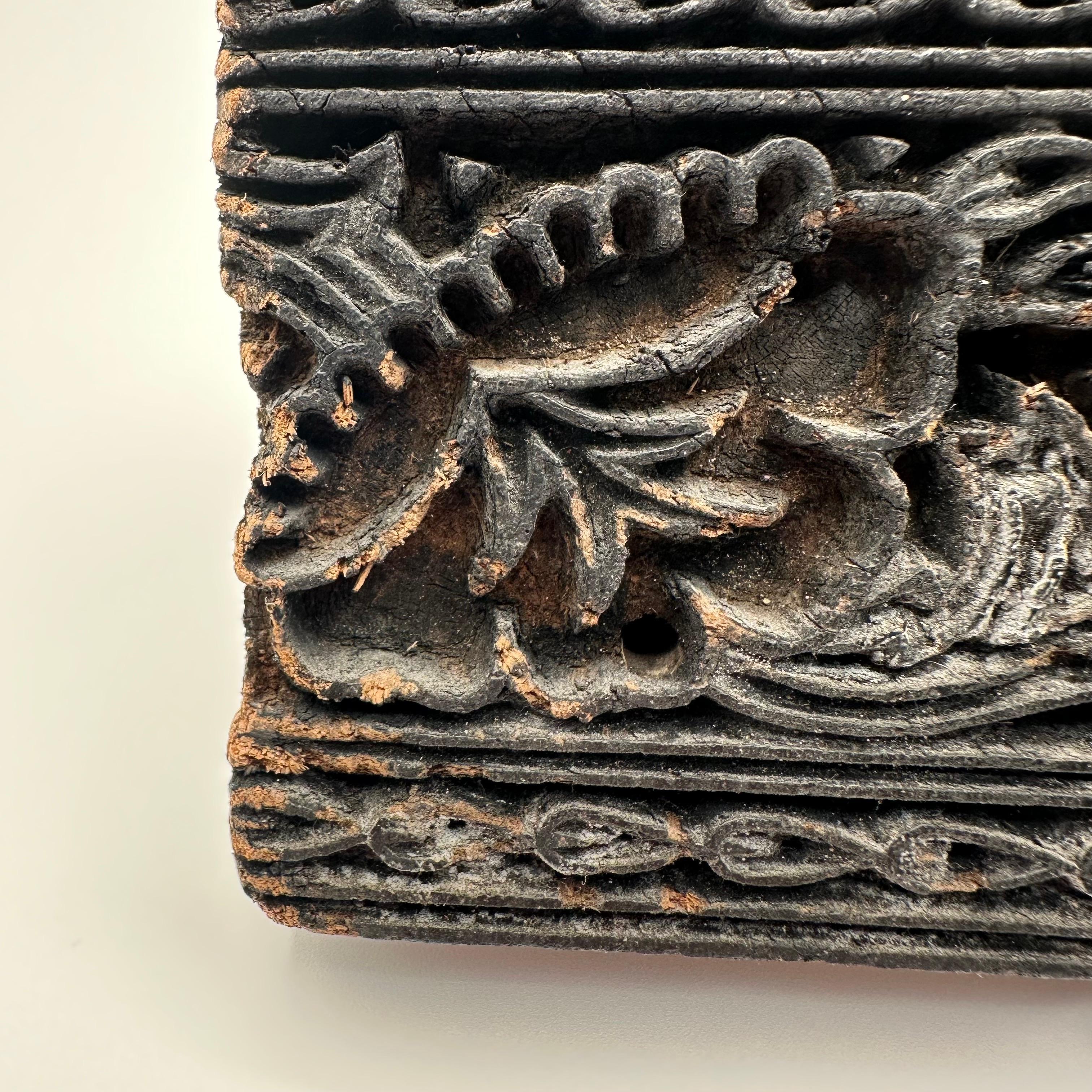 Antique Hand Carved Wood Printing Block in Black with Floral Pattern For Sale 2