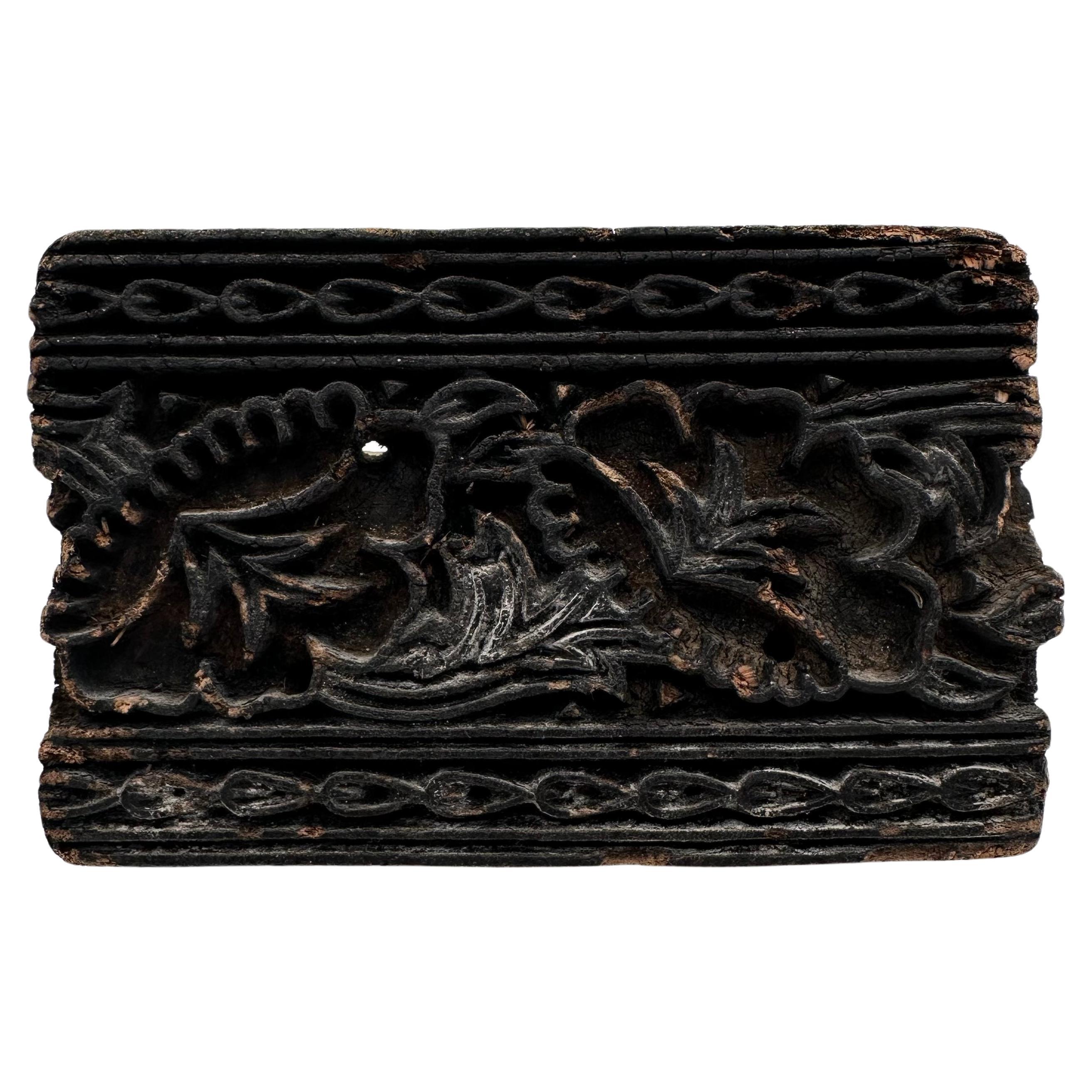 Antique Hand Carved Wood Printing Block in Black with Floral Pattern For Sale