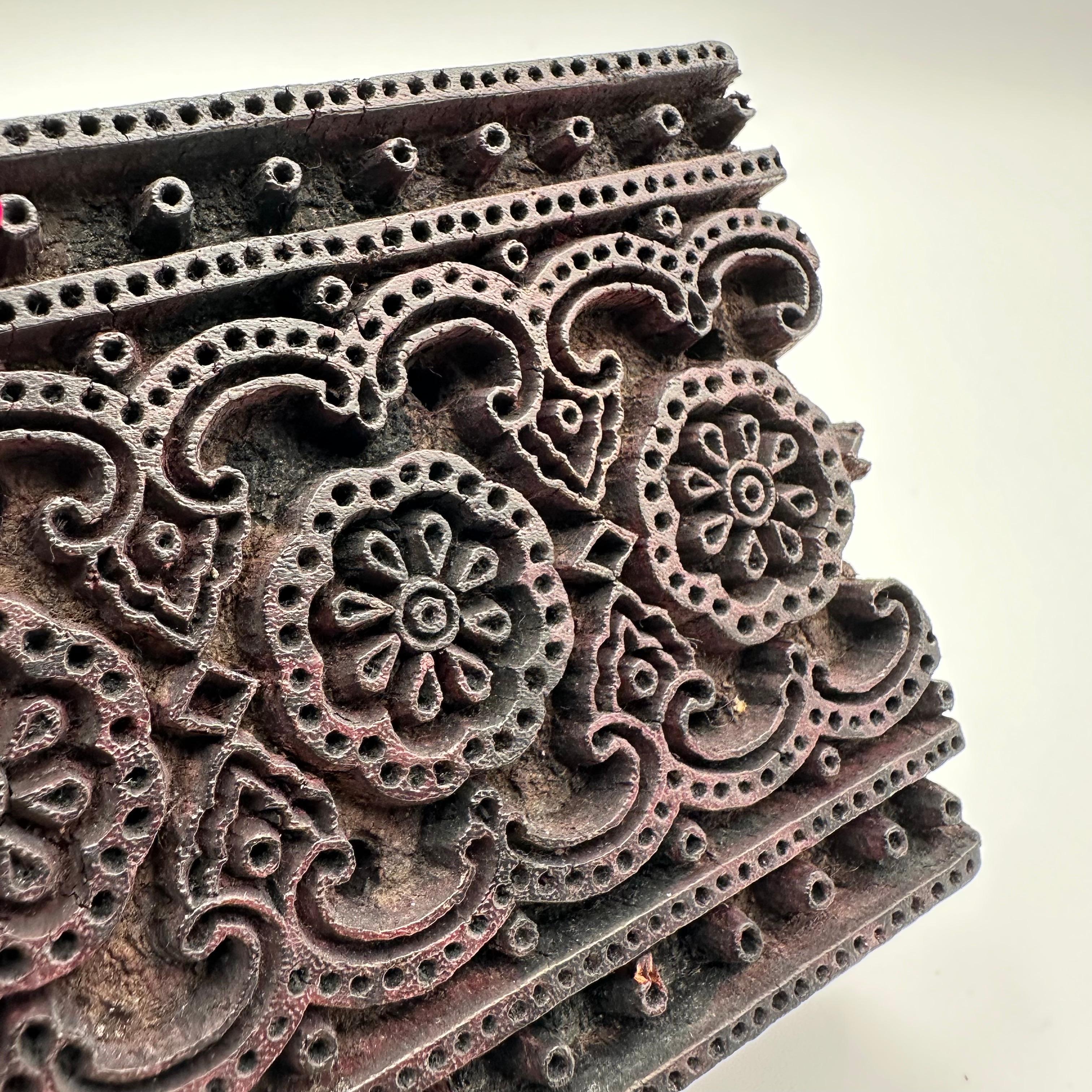 Antique Hand Carved Wood Printing Block in Dark Rosette Pattern For Sale 5