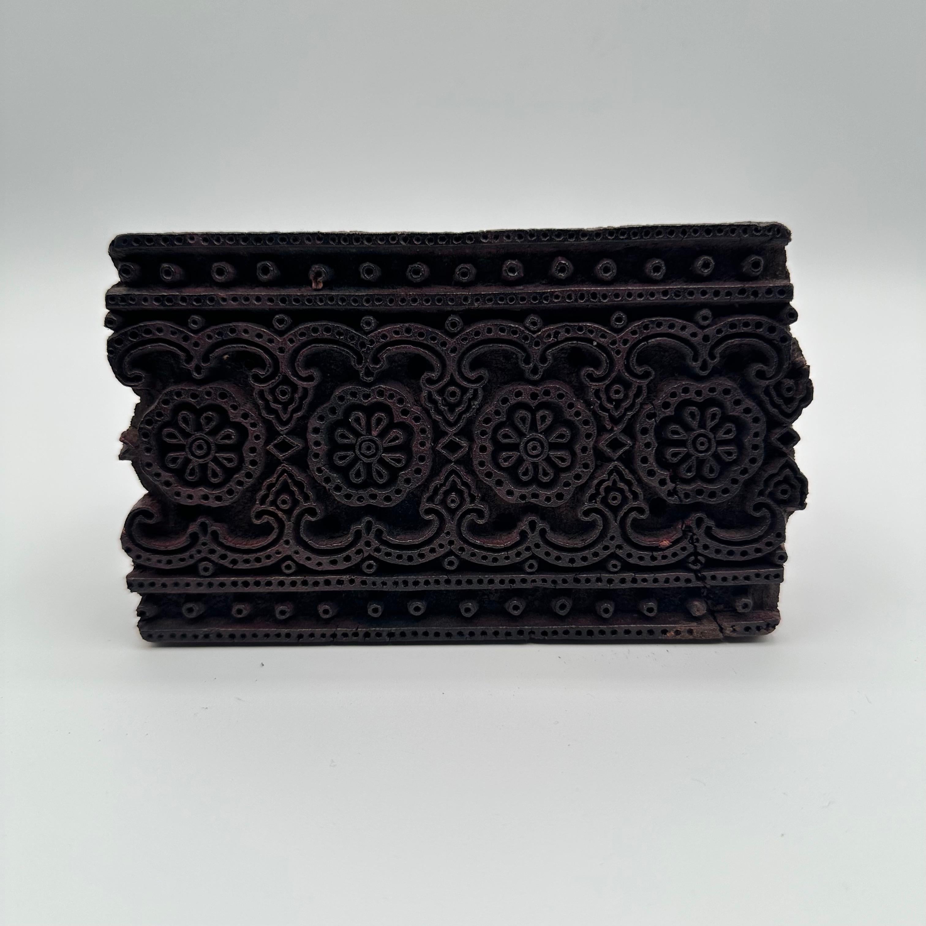 Antique Hand Carved Wood Printing Block in Dark Rosette Pattern For Sale 6