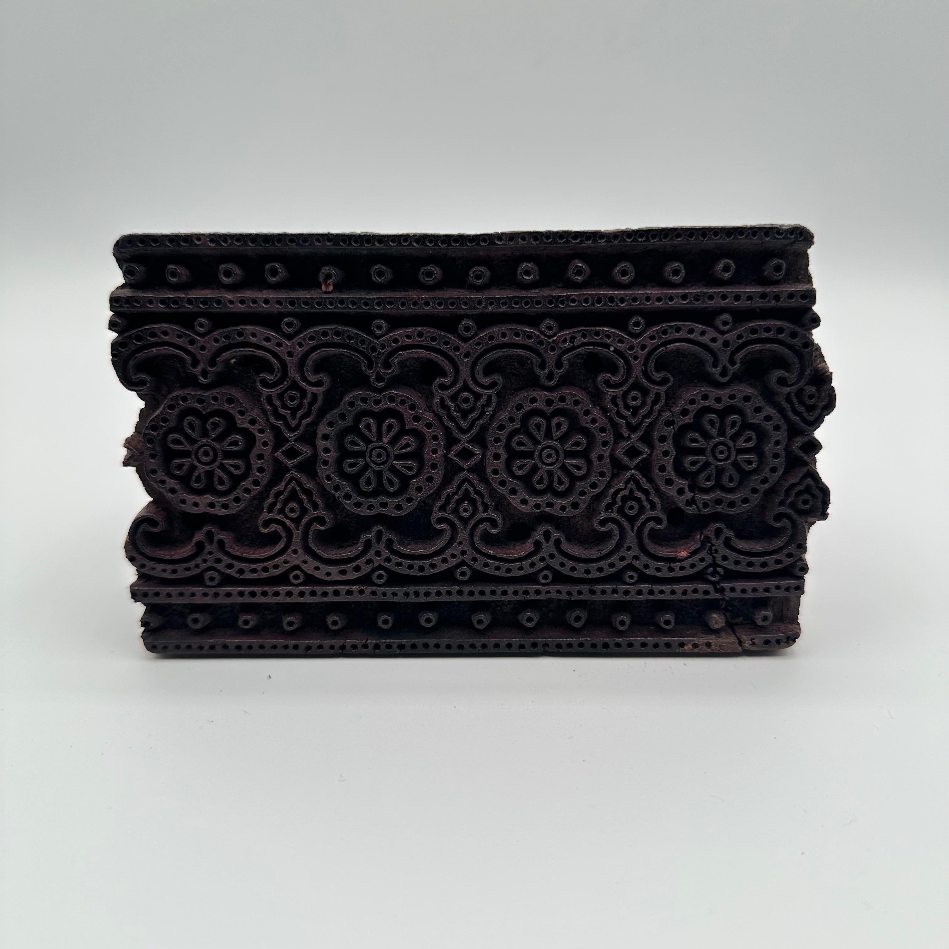 Antique Hand Carved Wood Printing Block in Dark Rosette Pattern For Sale 7
