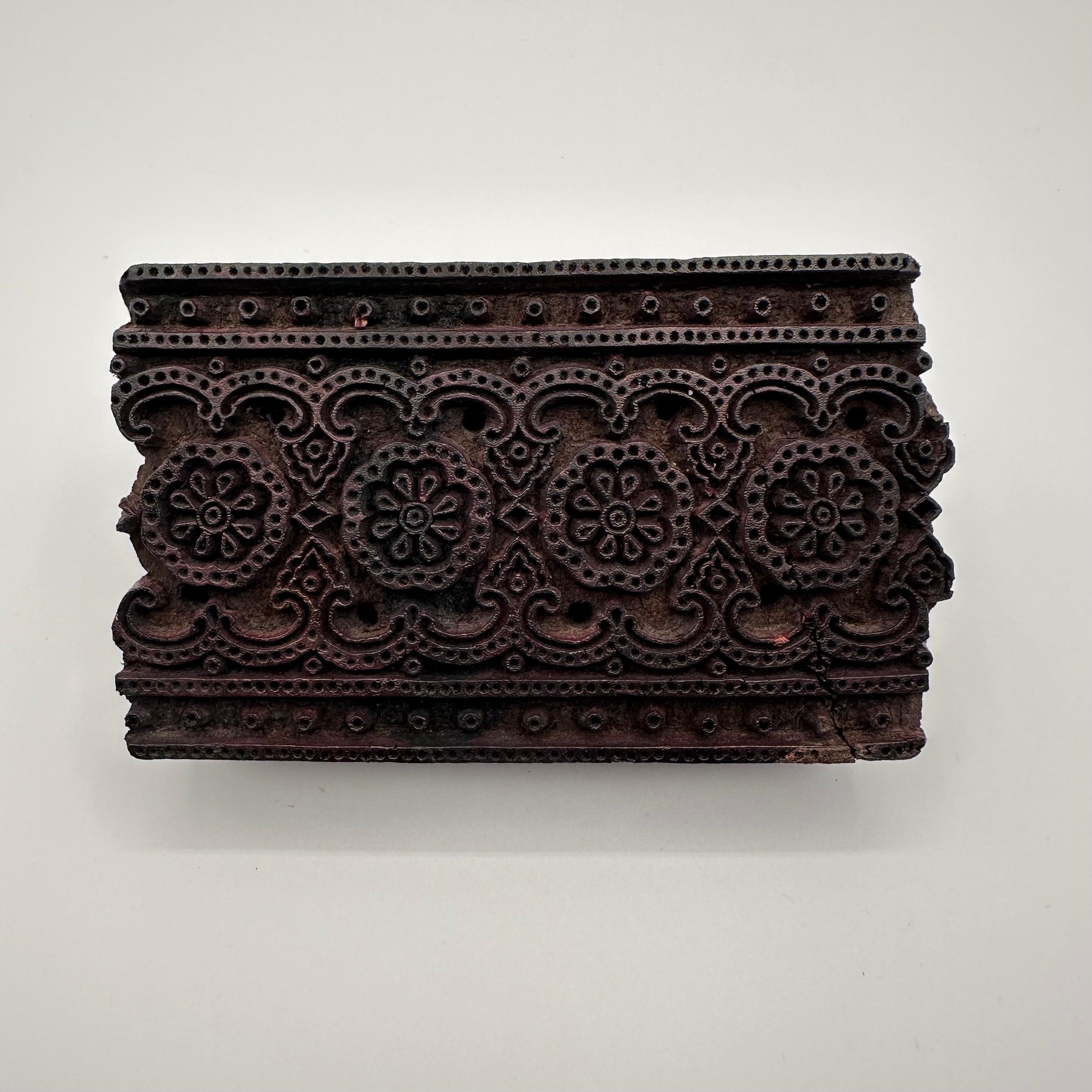 Antique Hand Carved Wood Printing Block in Dark Rosette Pattern For Sale 8