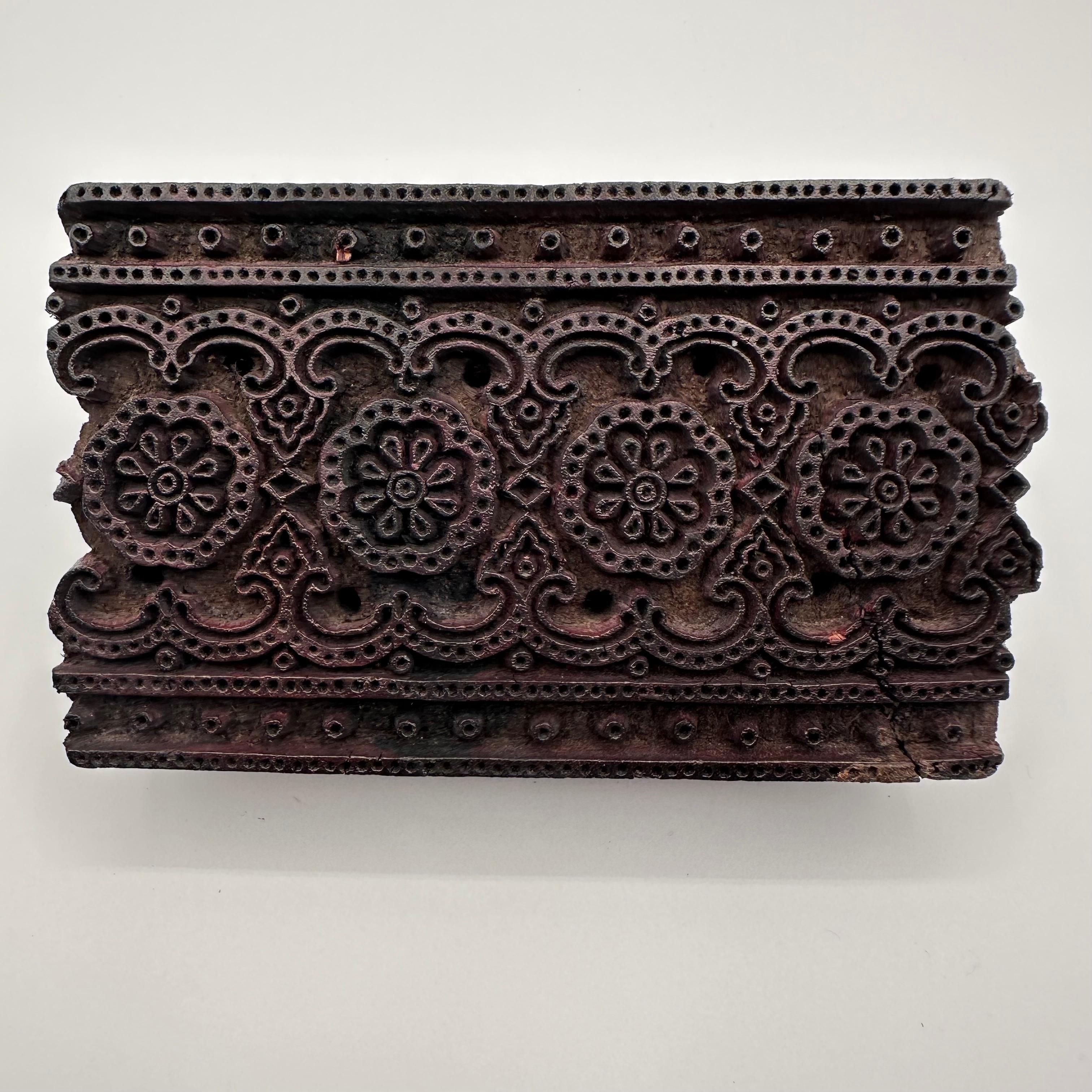 Antique Hand Carved Wood Printing Block in Dark Rosette Pattern For Sale 9