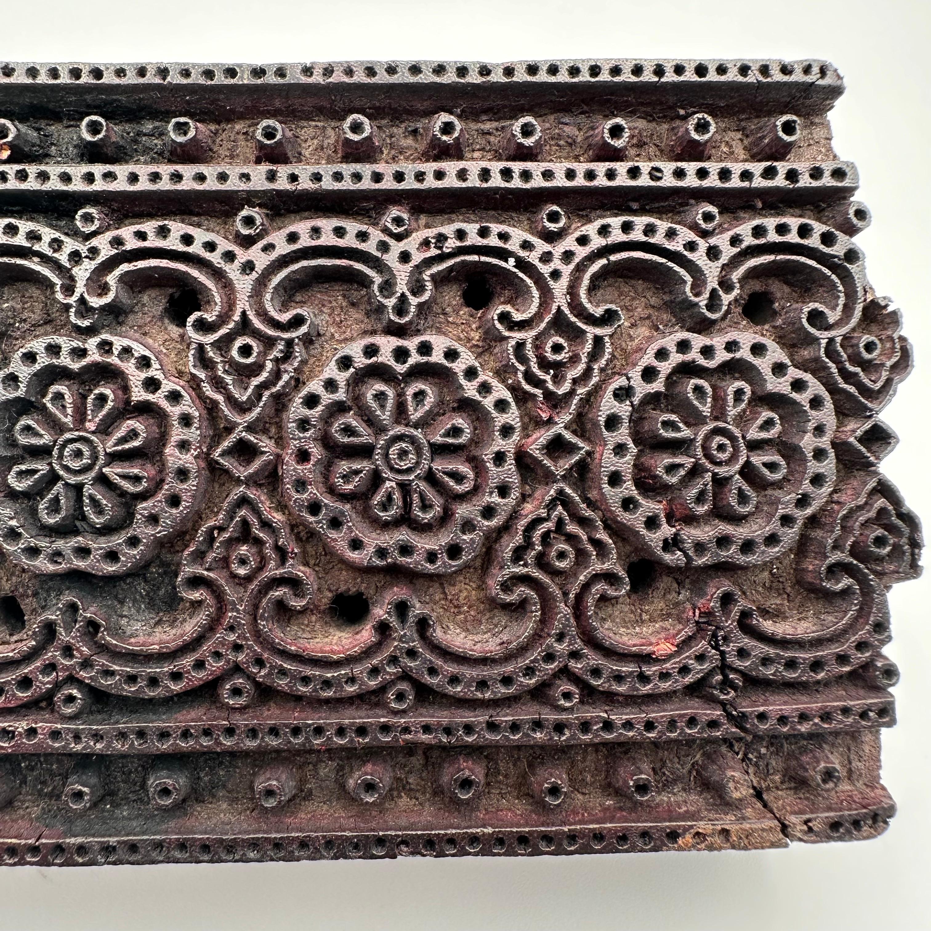 Indian Antique Hand Carved Wood Printing Block in Dark Rosette Pattern For Sale