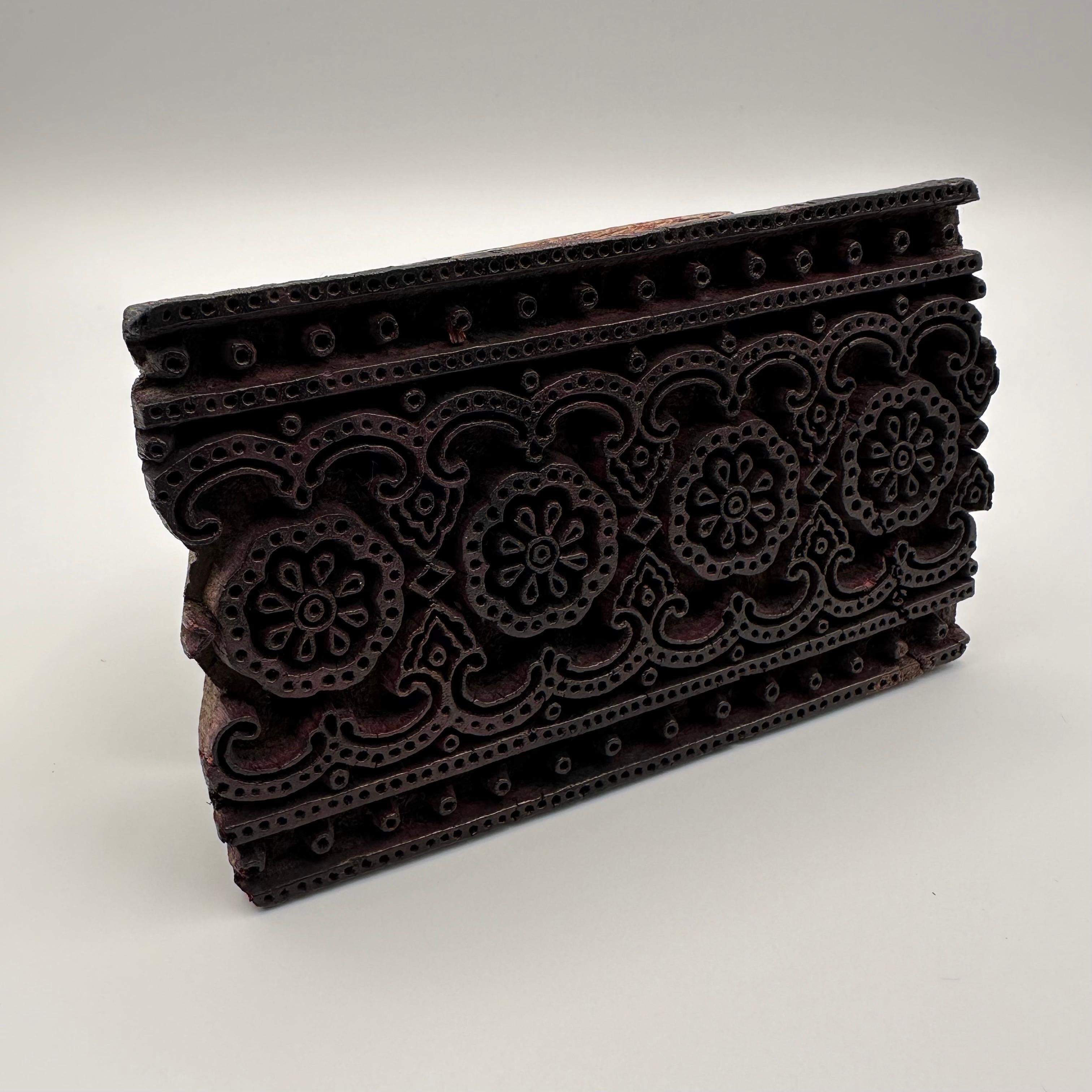 20th Century Antique Hand Carved Wood Printing Block in Dark Rosette Pattern For Sale