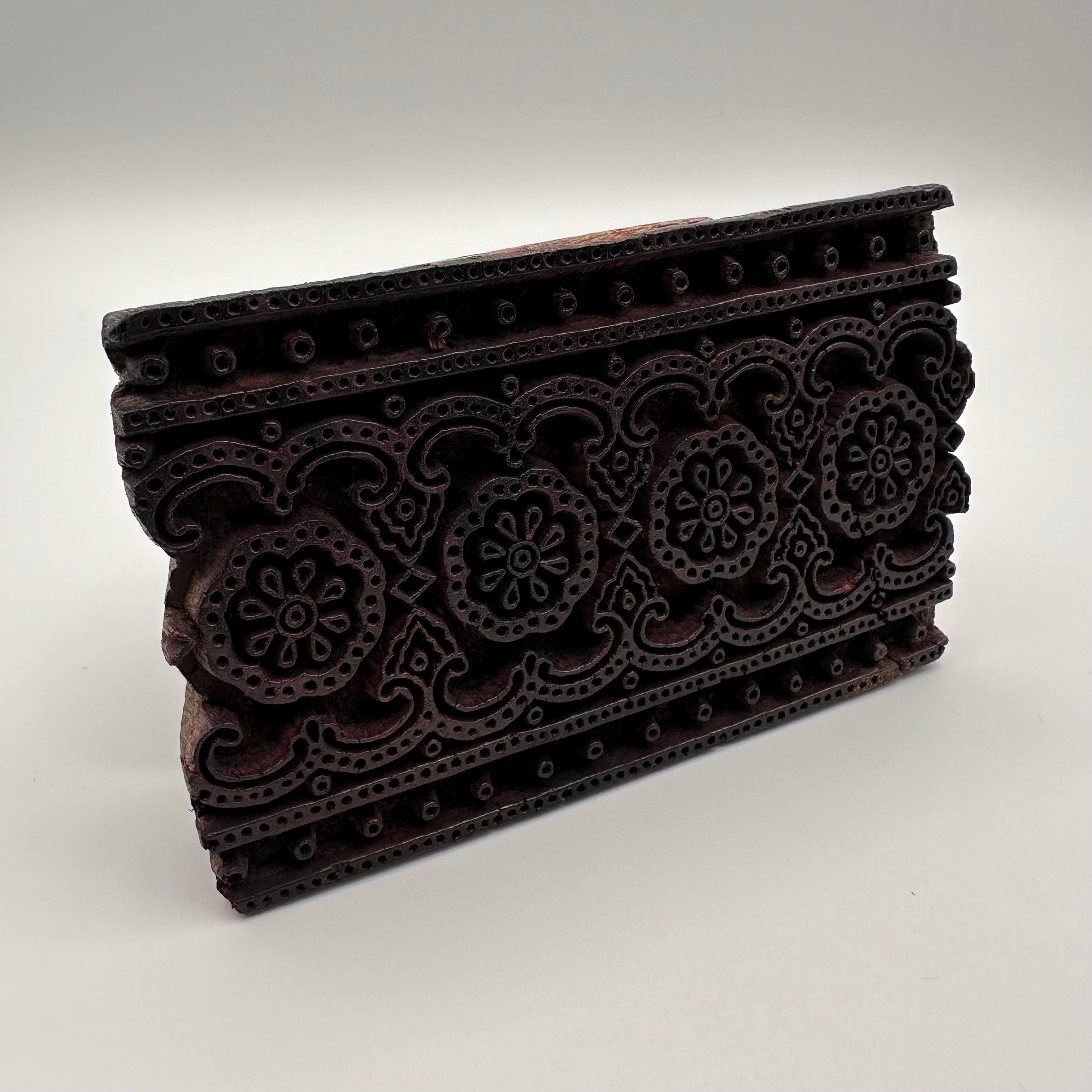 Antique Hand Carved Wood Printing Block in Dark Rosette Pattern For Sale 1