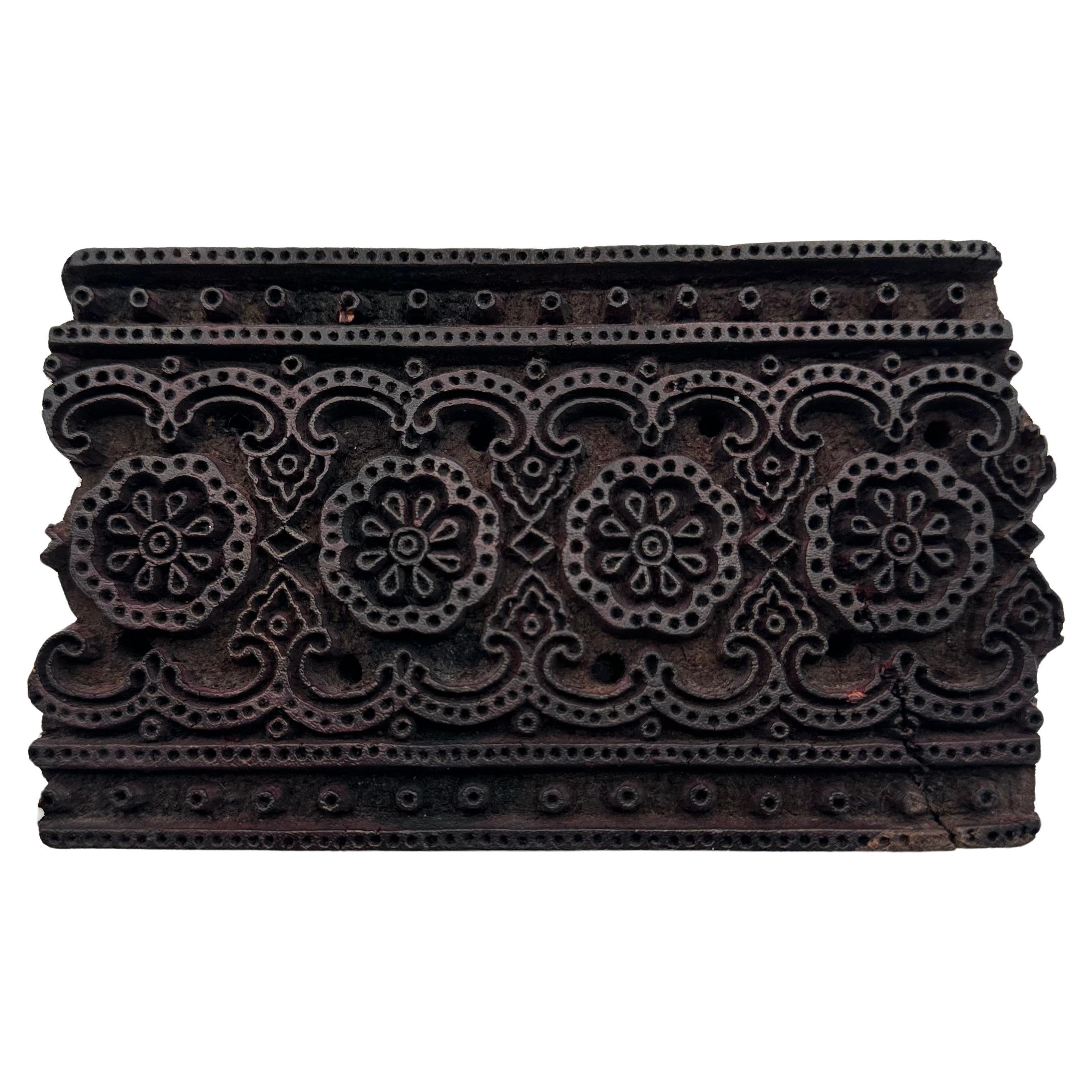 Antique Hand Carved Wood Printing Block in Dark Rosette Pattern