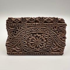 Antique Hand Carved Wood Printing Block with Flower and Star Pattern