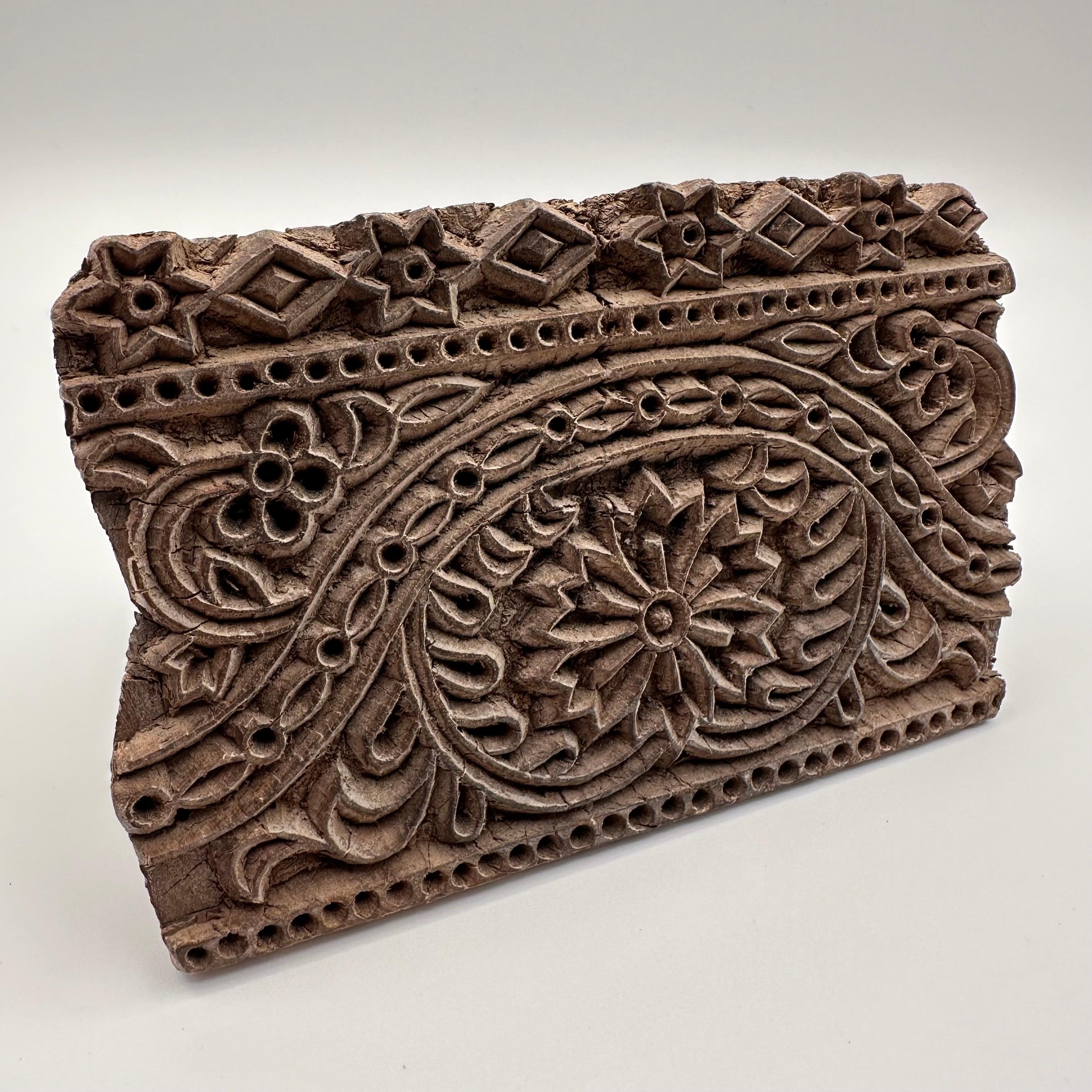 Hand-Carved Antique Hand Carved Wood Printing Block with Flower and Star Pattern For Sale