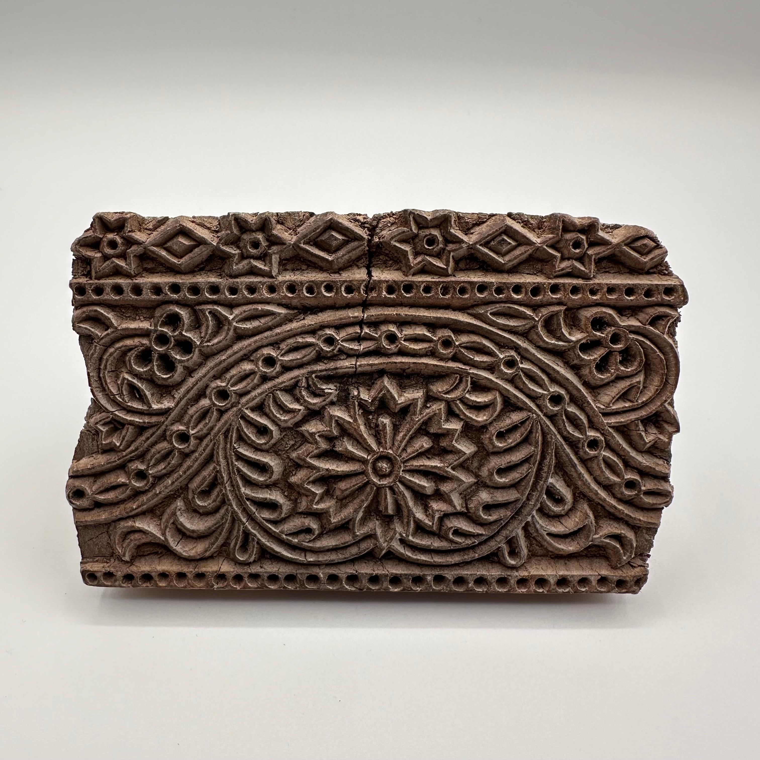 Antique Hand Carved Wood Printing Block with Flower and Star Pattern For Sale 2