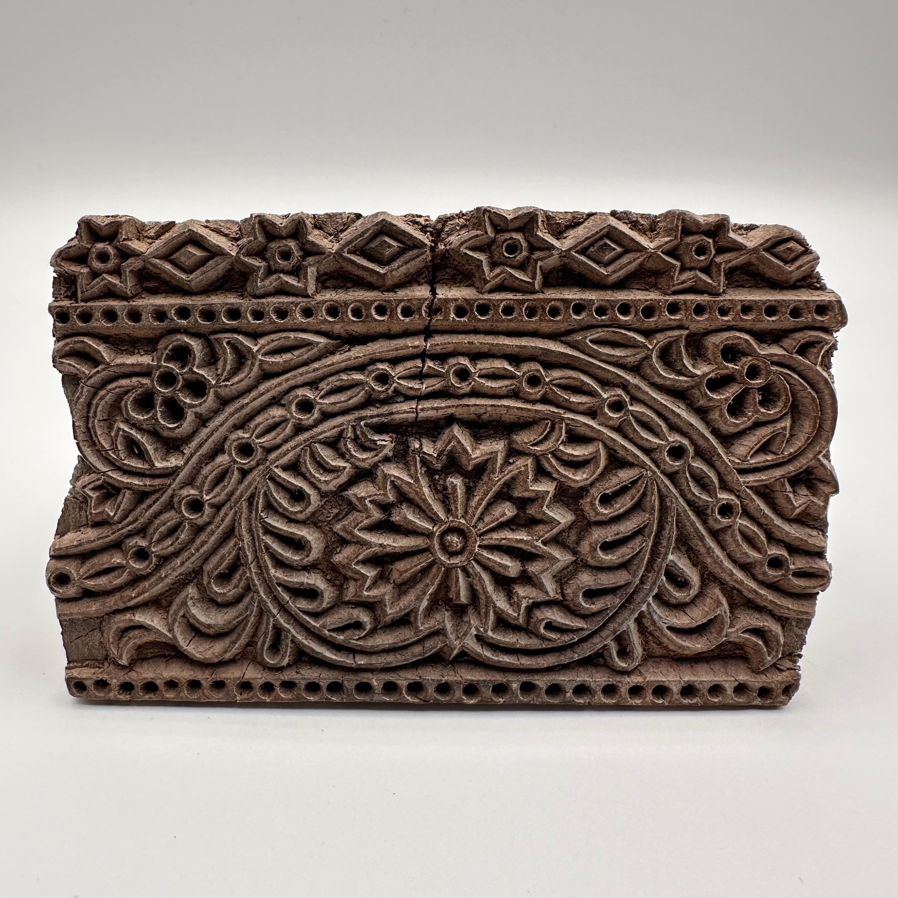 Antique Hand Carved Wood Printing Block with Flower and Star Pattern For Sale 3