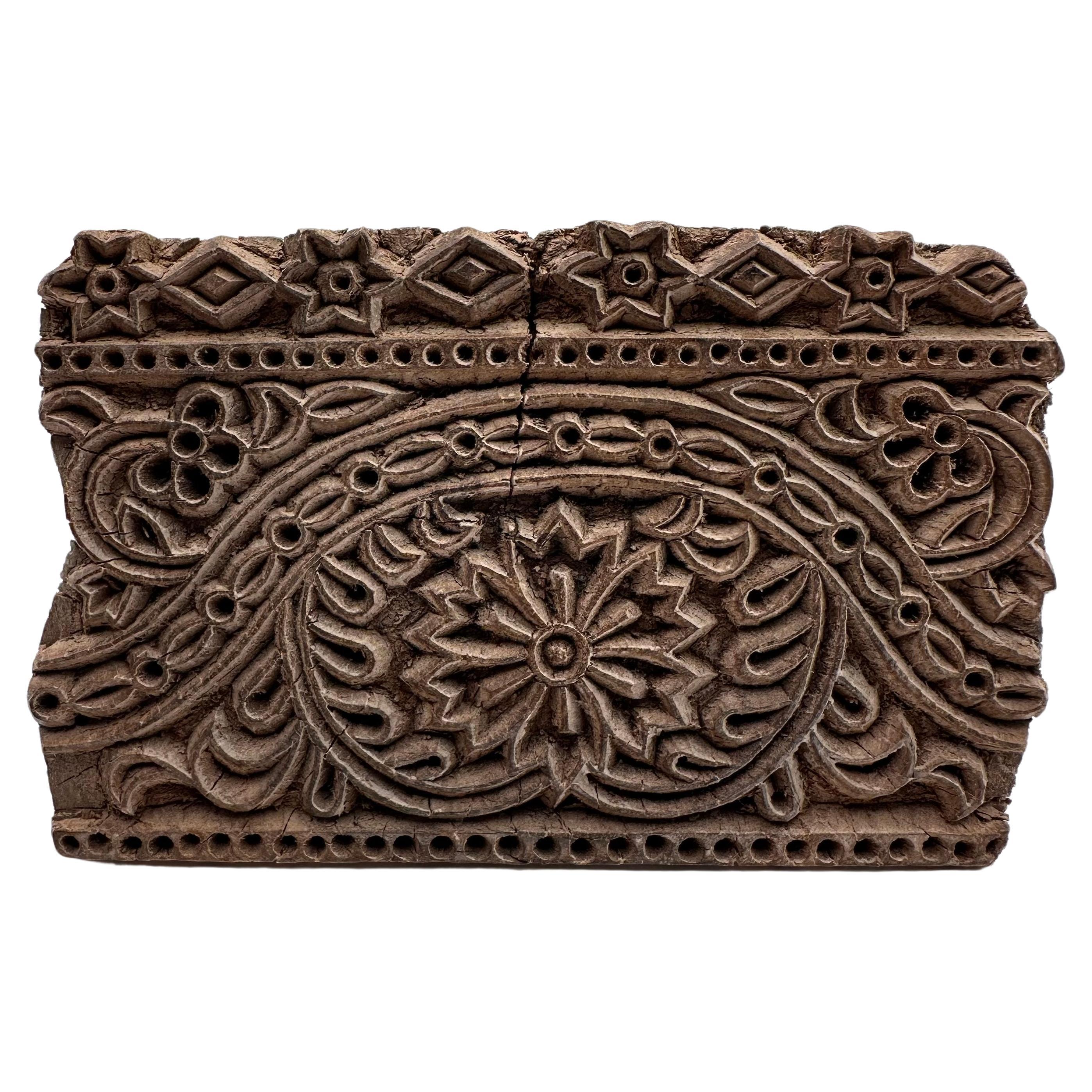 Antique Hand Carved Wood Printing Block with Flower and Star Pattern