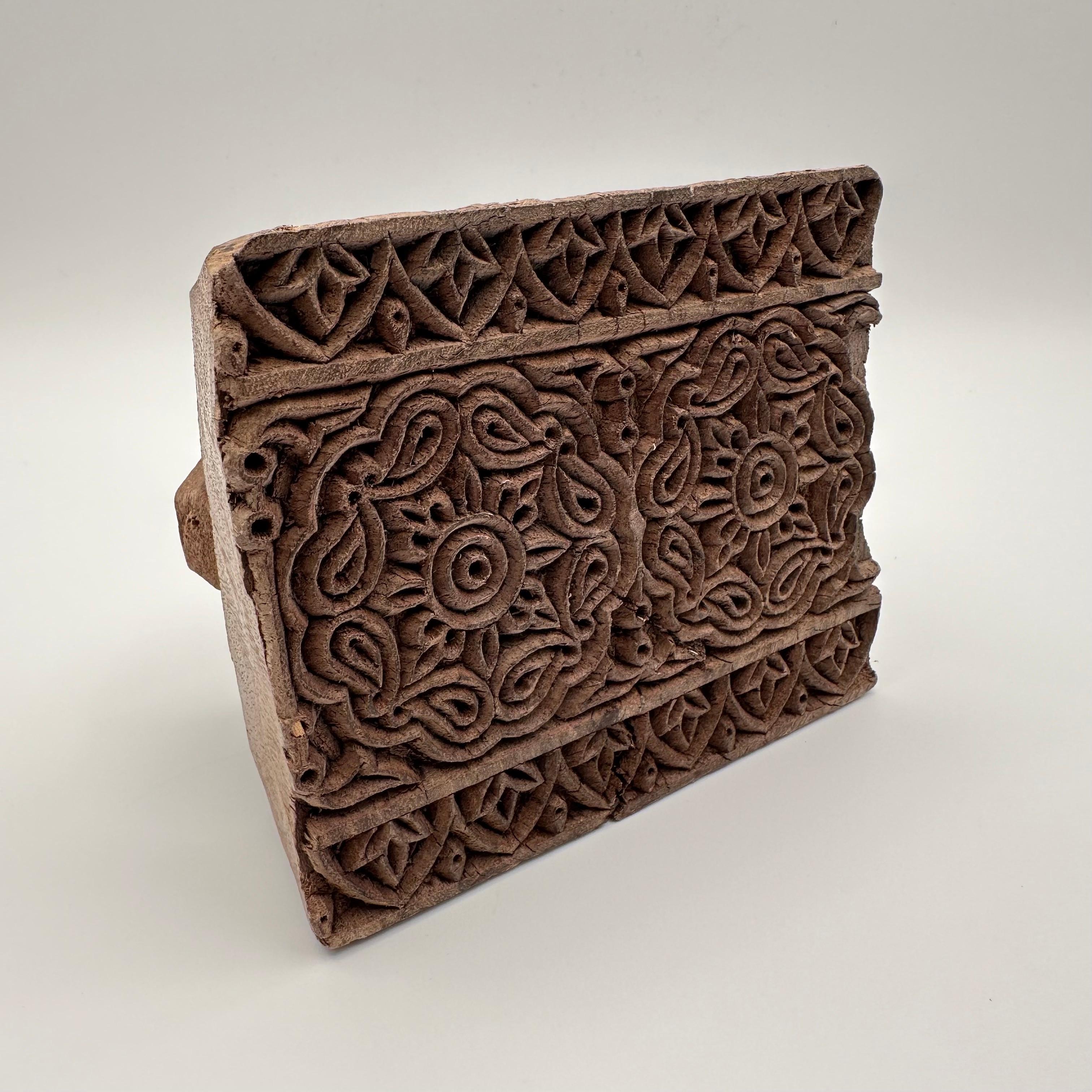 Indian Antique Hand Carved Wood Printing Block with Large Rosettes For Sale