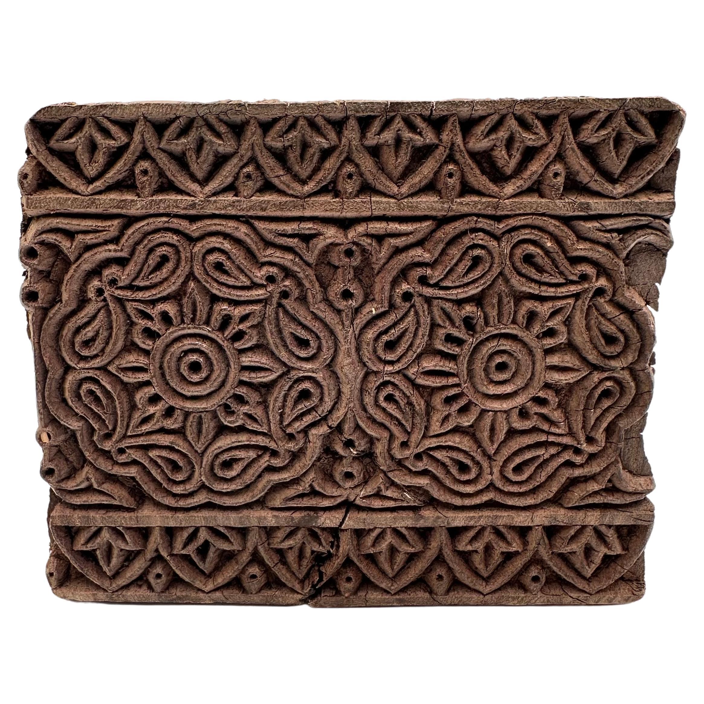 Antique Hand Carved Wood Printing Block with Large Rosettes