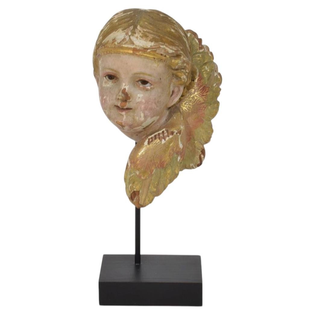 Antica scultura a testa d'angelo in legno intagliato a mano, spagnola, circa 1900-1920
