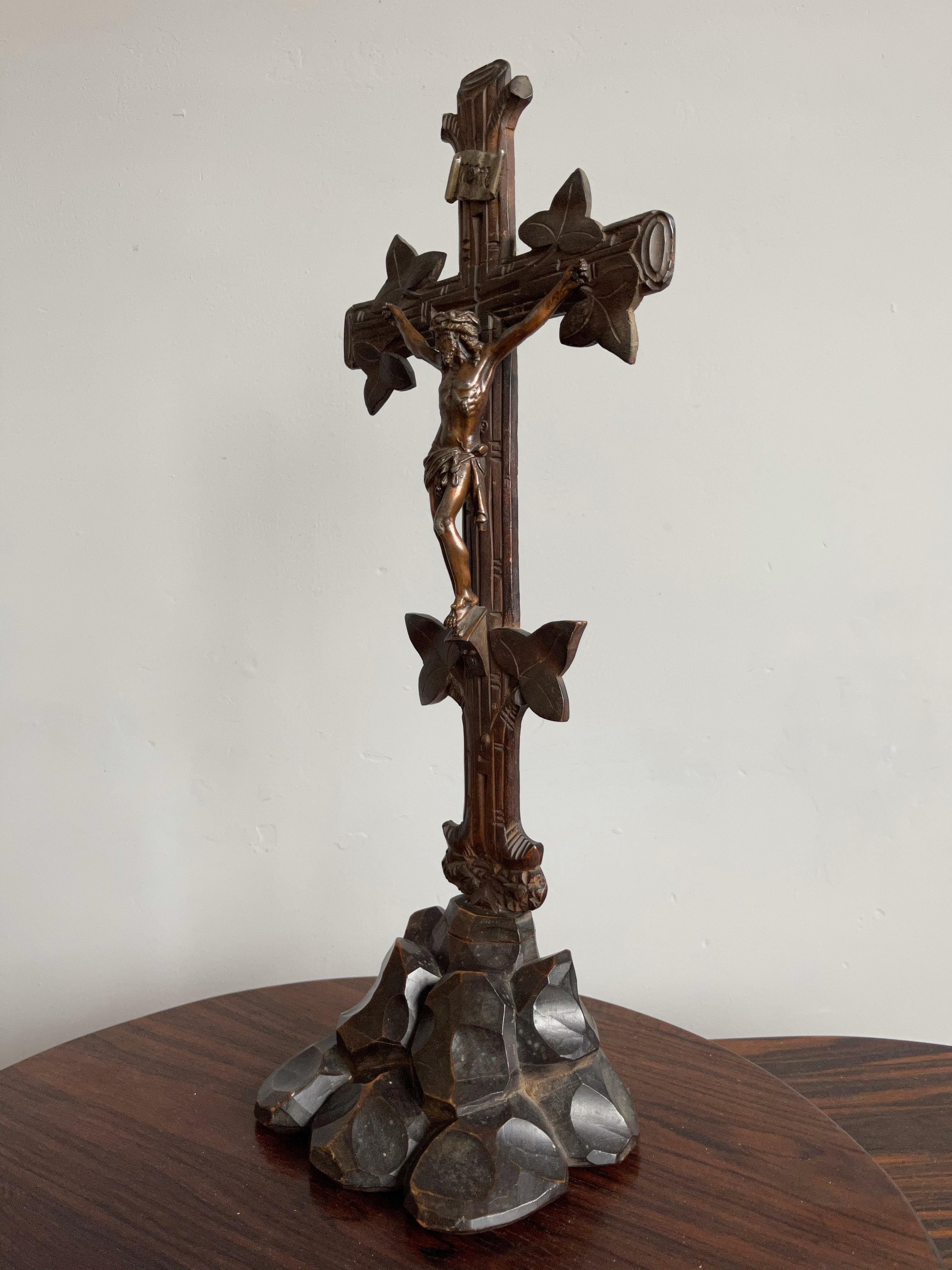 Antique Hand Carved Wooden Black Forest Crucifix with Bronzed Corpus of Christ 6