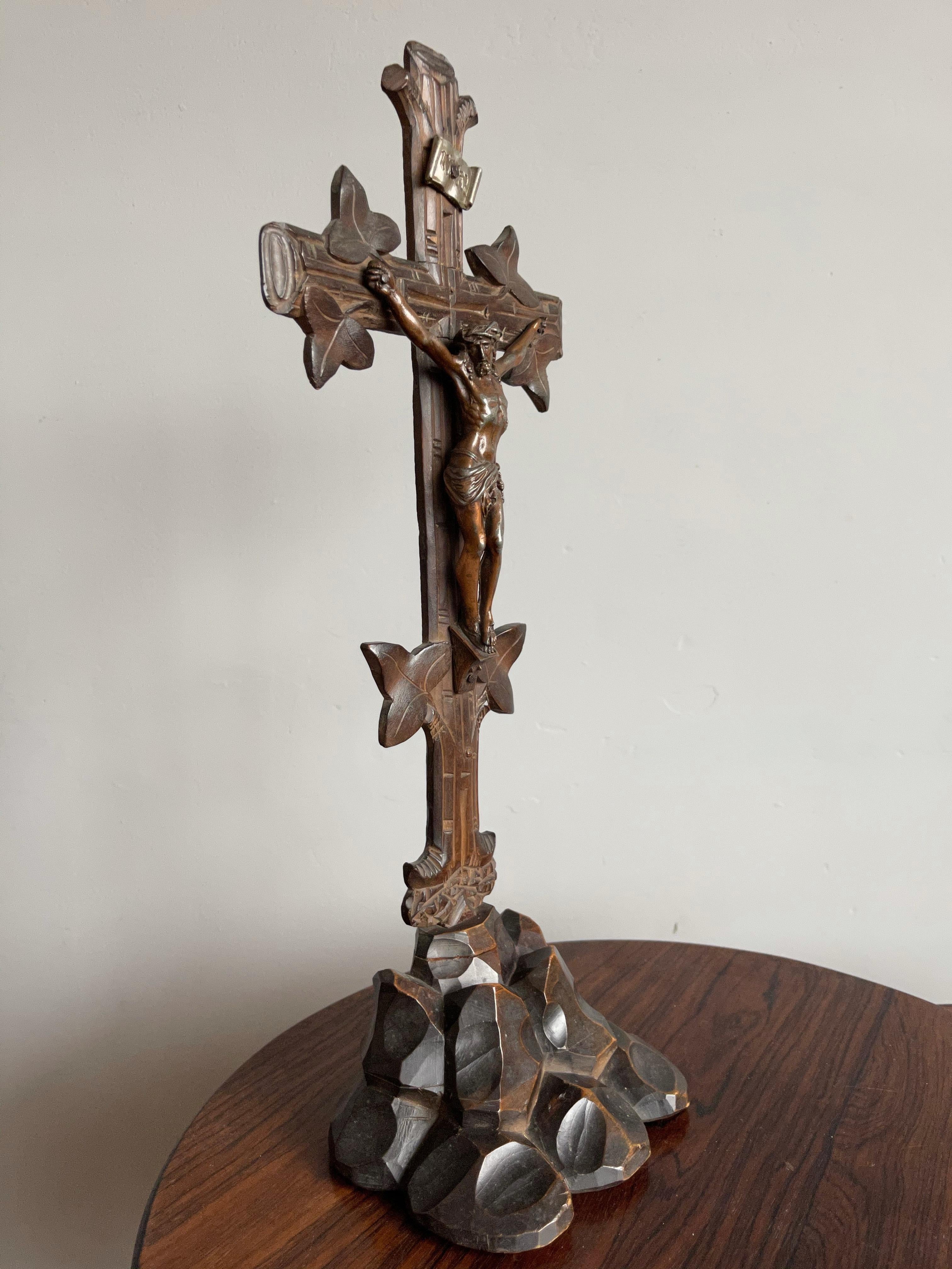 Antique Hand Carved Wooden Black Forest Crucifix with Bronzed Corpus of Christ 8