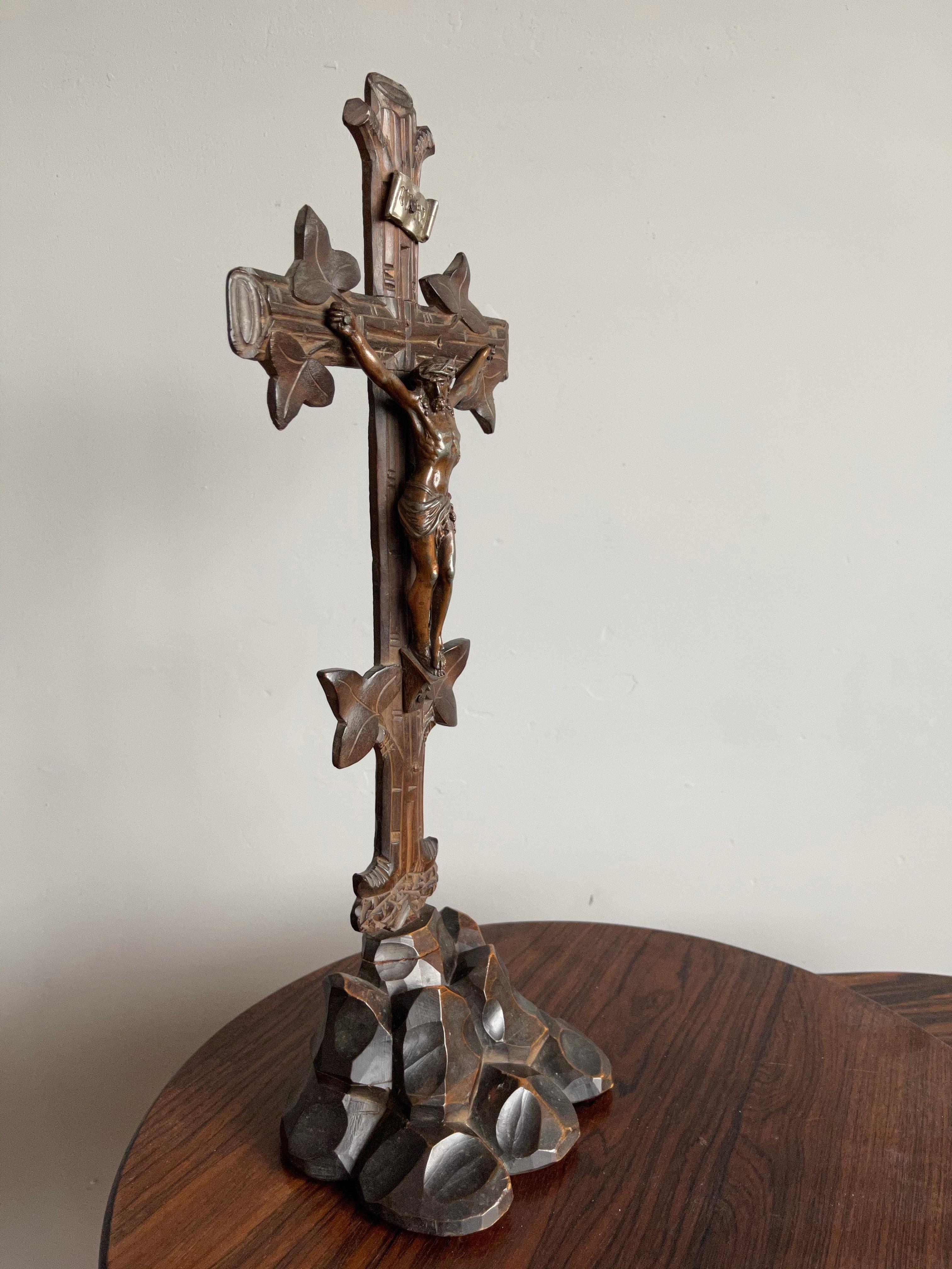 Antique Hand Carved Wooden Black Forest Crucifix with Bronzed Corpus of Christ 12