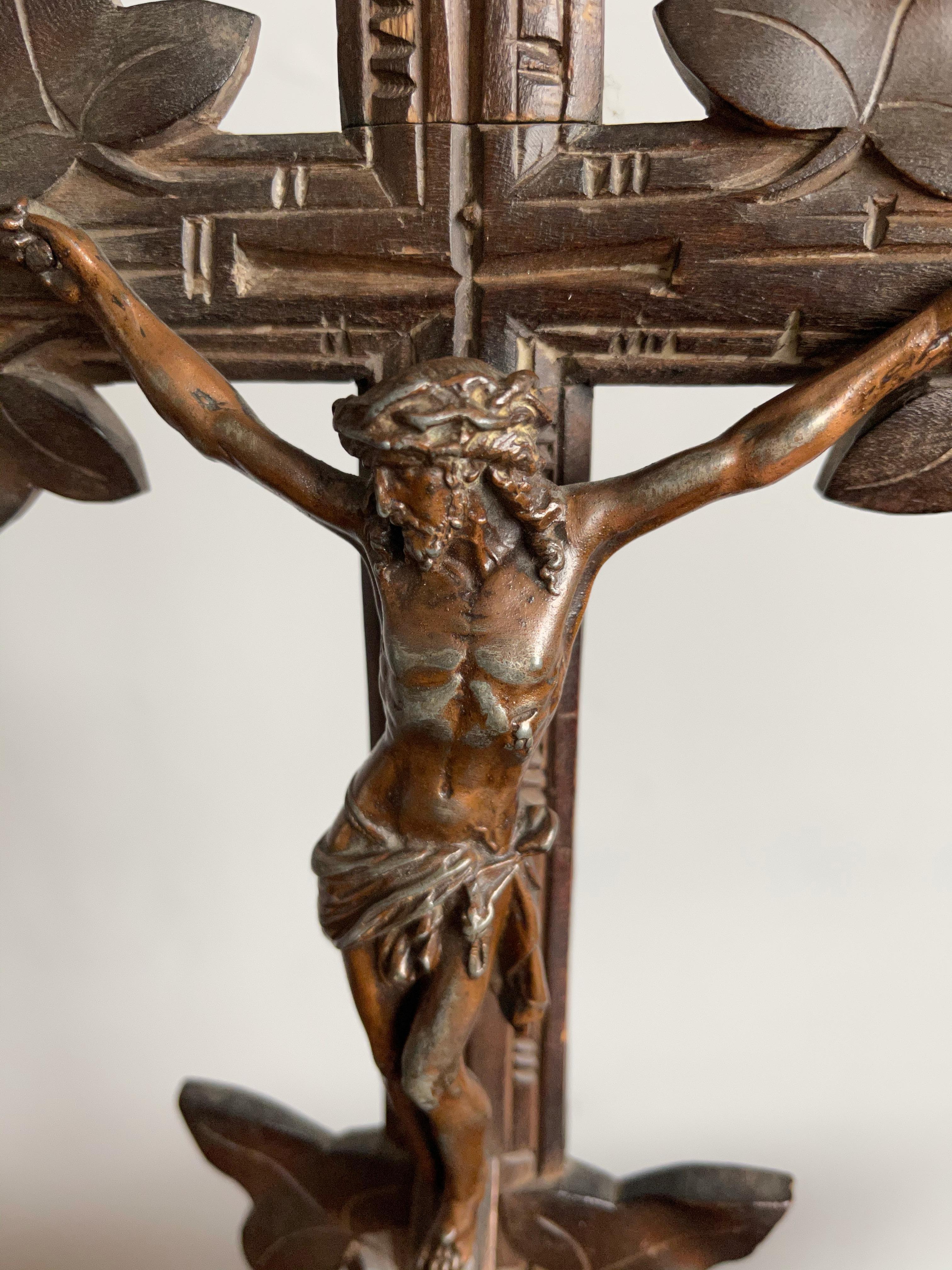 German Antique Hand Carved Wooden Black Forest Crucifix with Bronzed Corpus of Christ