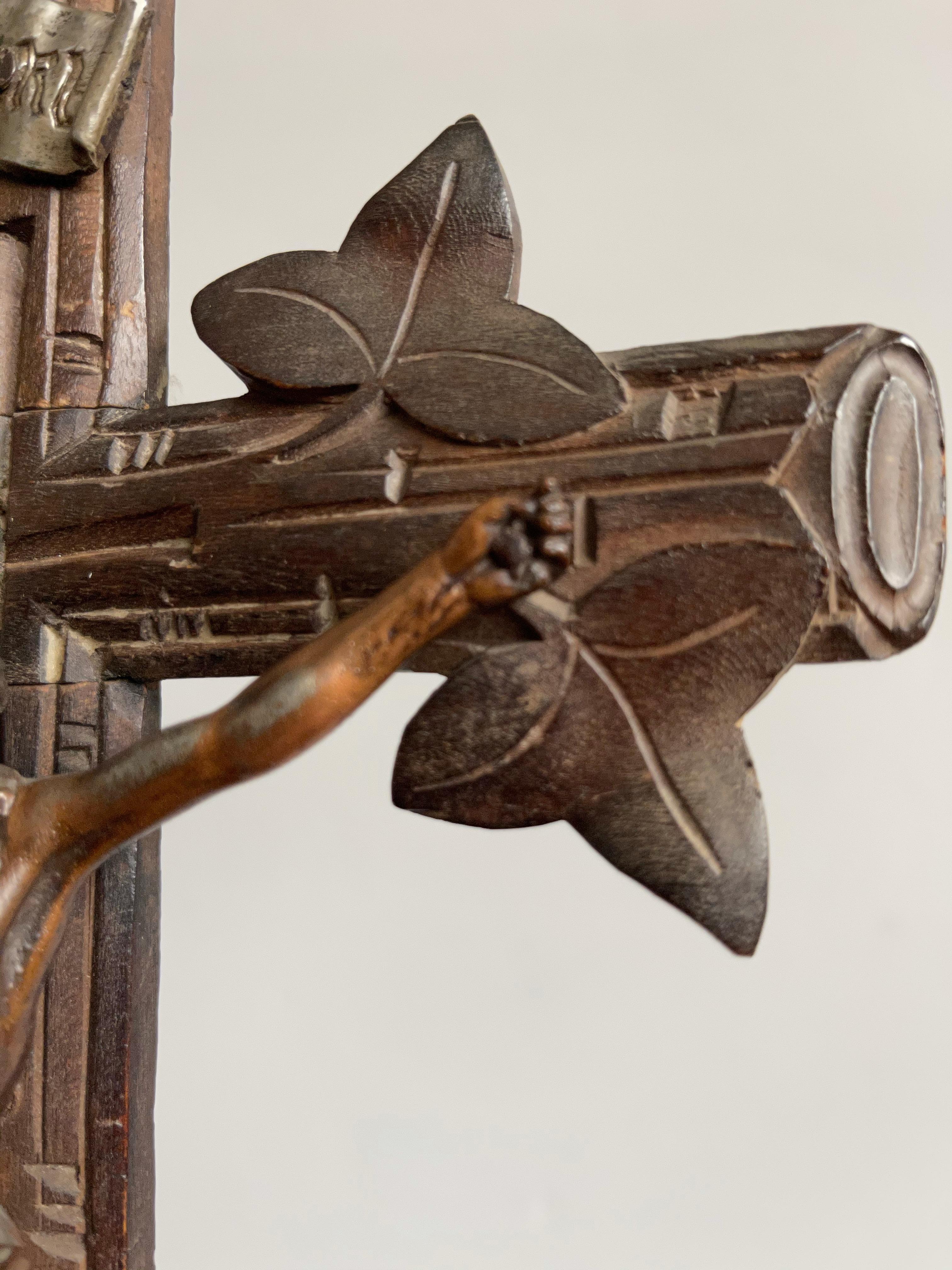 20th Century Antique Hand Carved Wooden Black Forest Crucifix with Bronzed Corpus of Christ