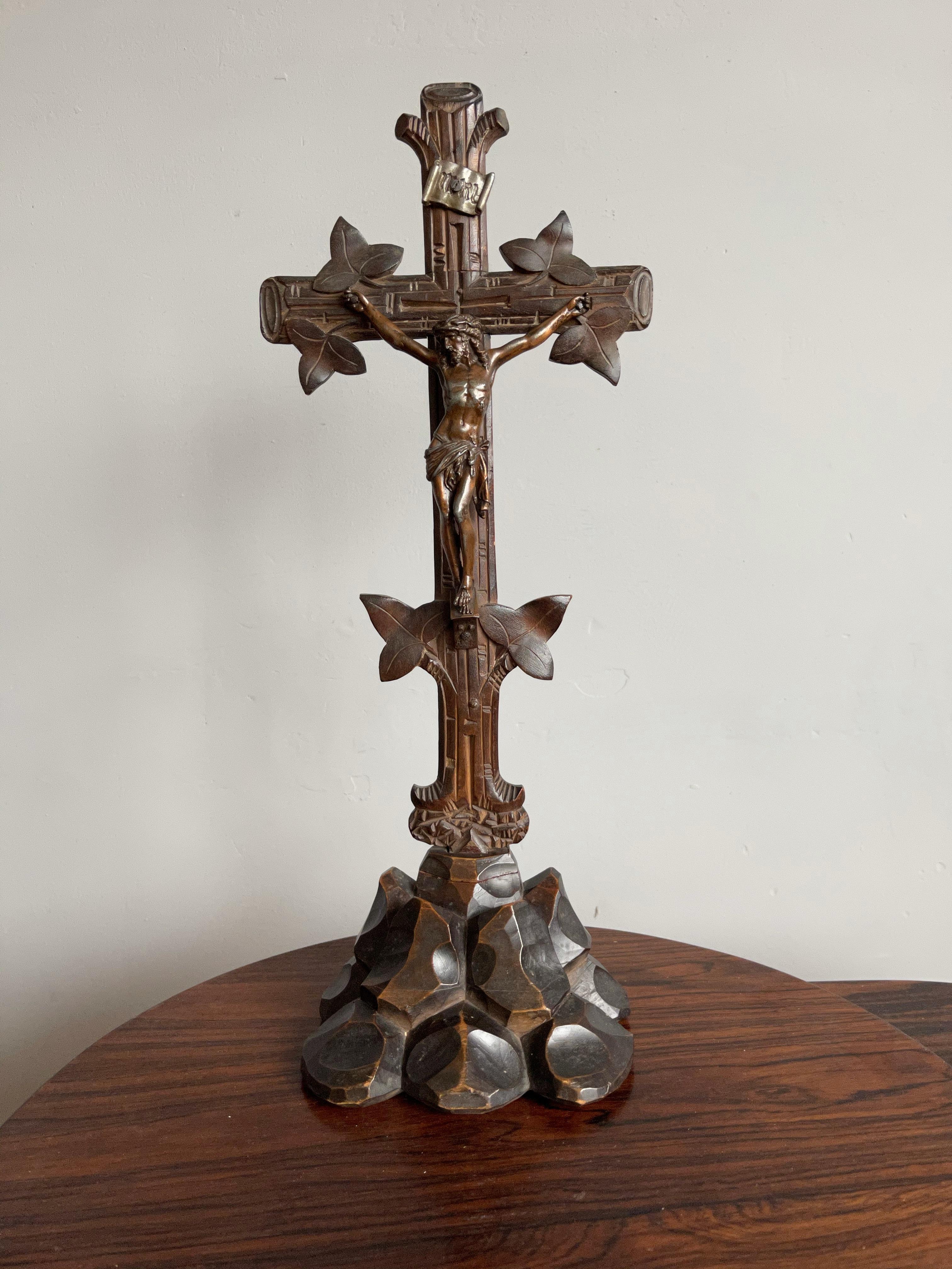 Metal Antique Hand Carved Wooden Black Forest Crucifix with Bronzed Corpus of Christ