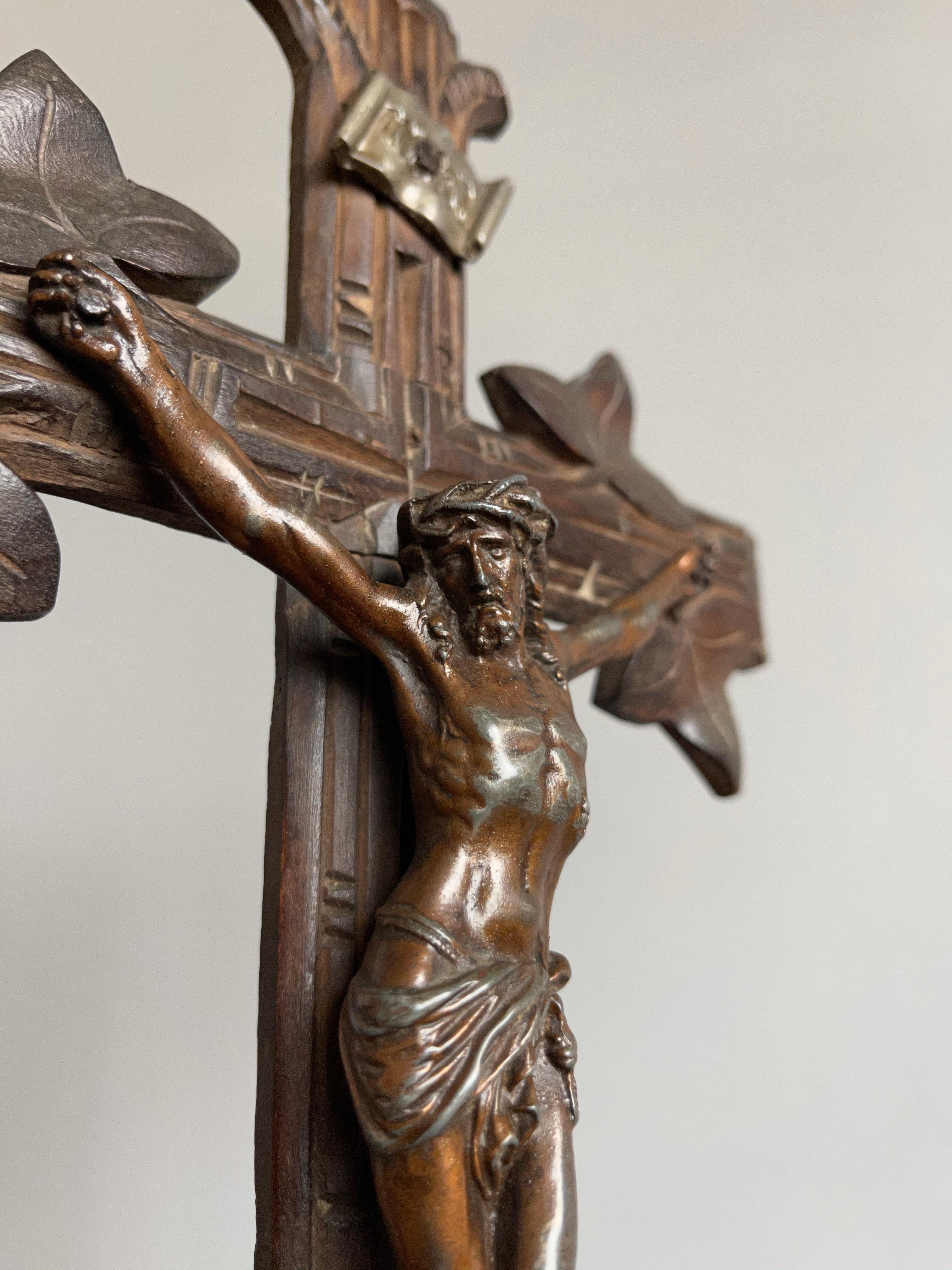 Antique Hand Carved Wooden Black Forest Crucifix with Bronzed Corpus of Christ 2