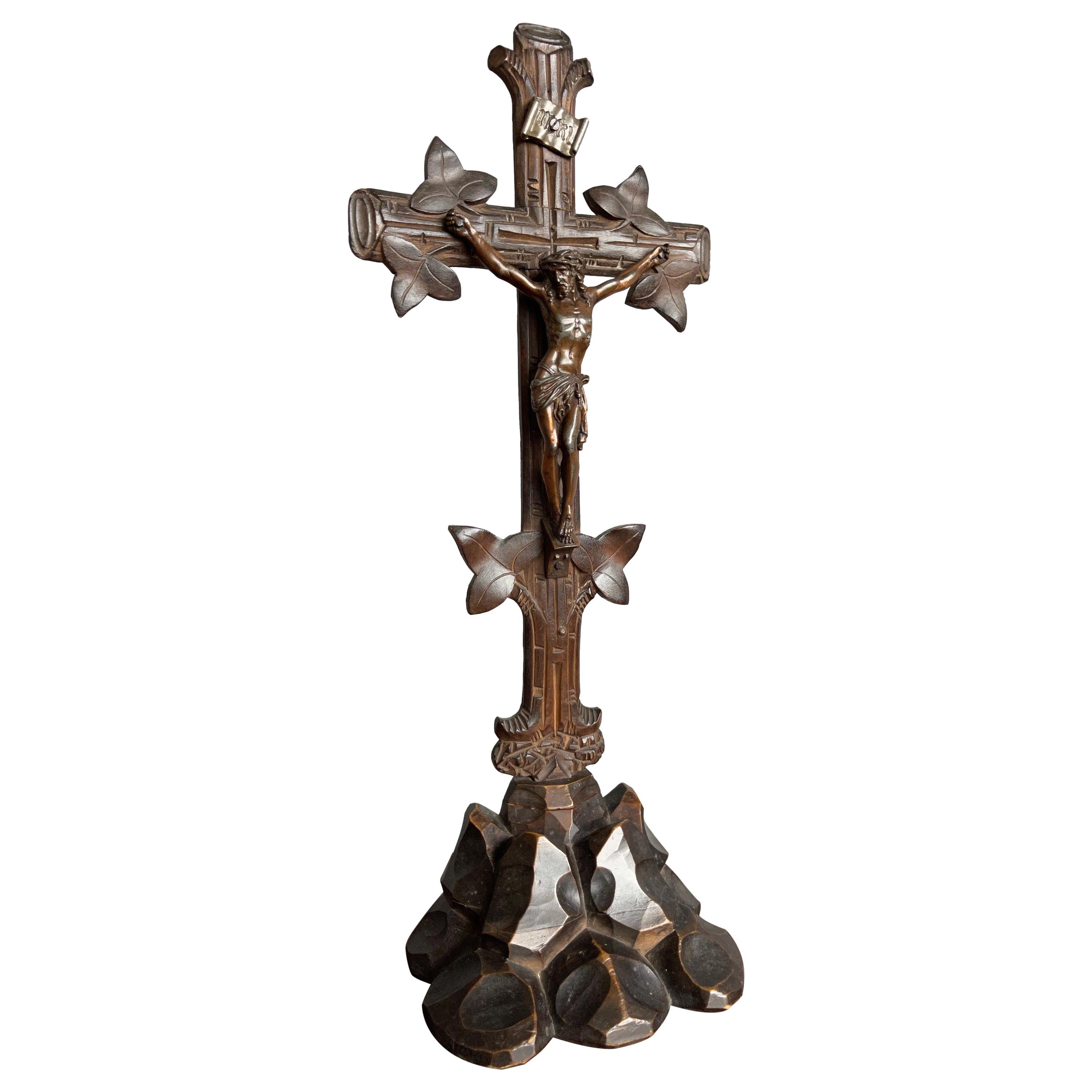 Antique Hand Carved Wooden Black Forest Crucifix with Bronzed Corpus of Christ