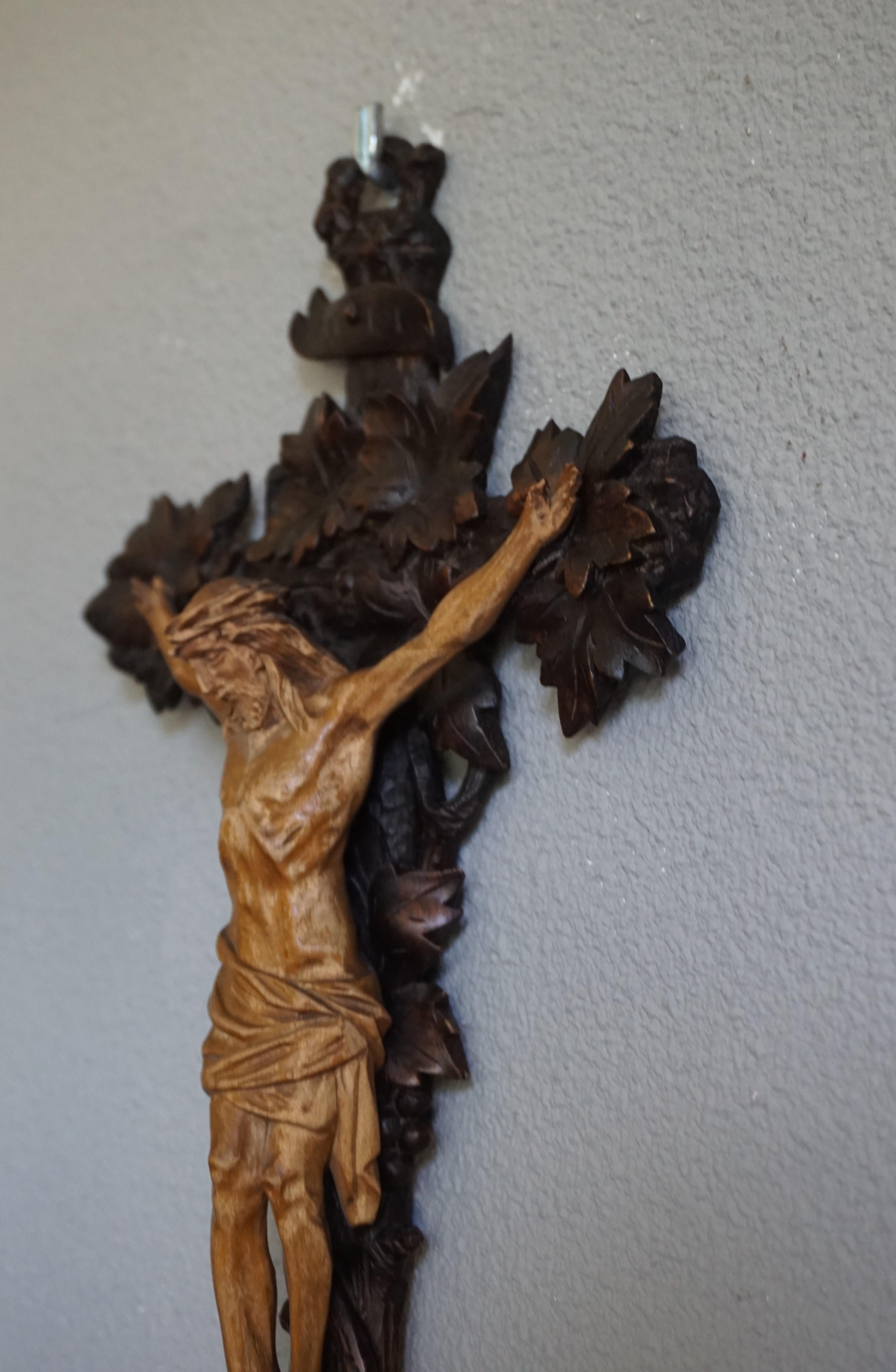 Antique Hand Carved Wooden Black Forest Crucifix with Corpus of Christ Sculpture 3