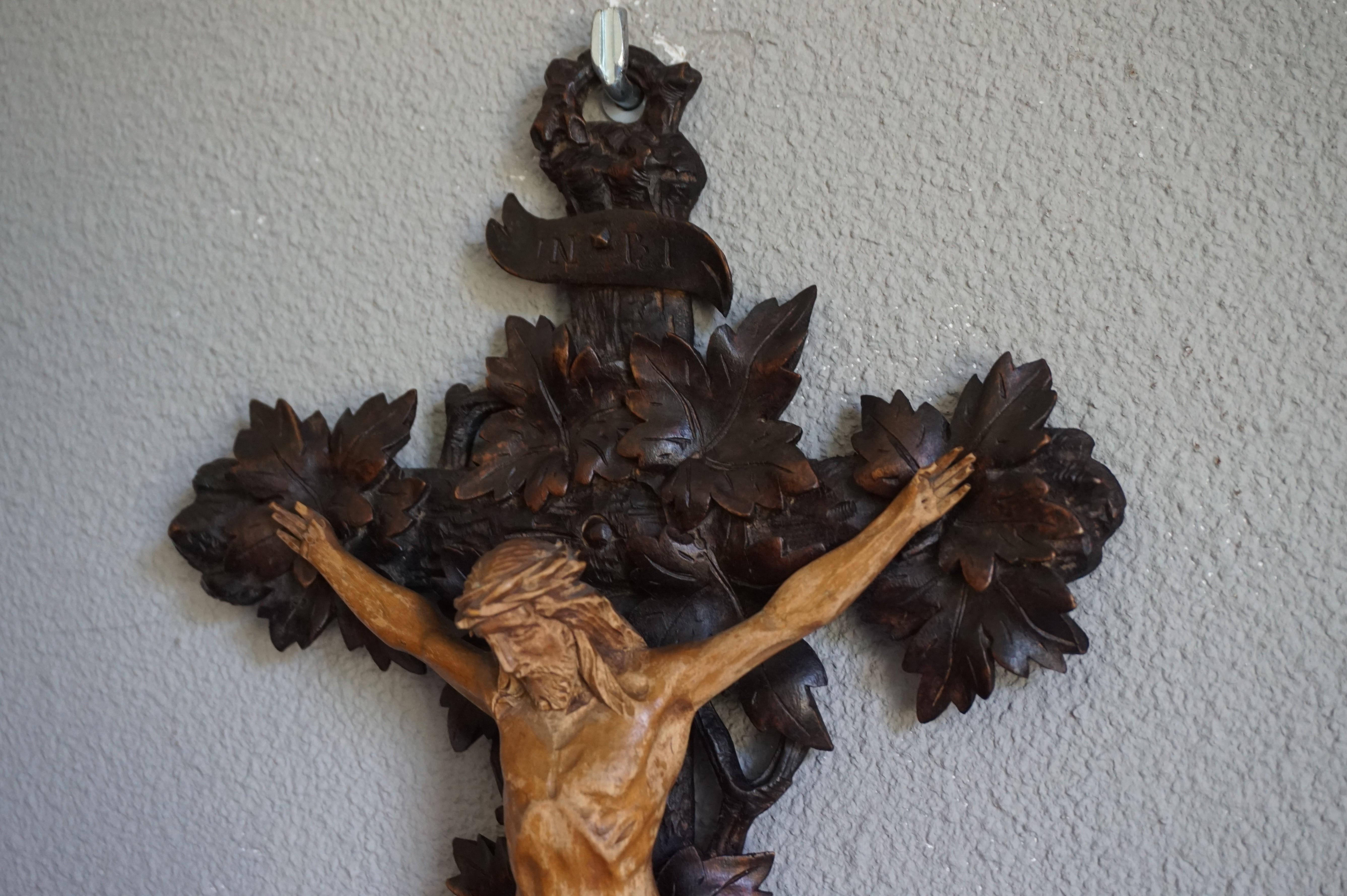 Antique Hand Carved Wooden Black Forest Crucifix with Corpus of Christ Sculpture 9
