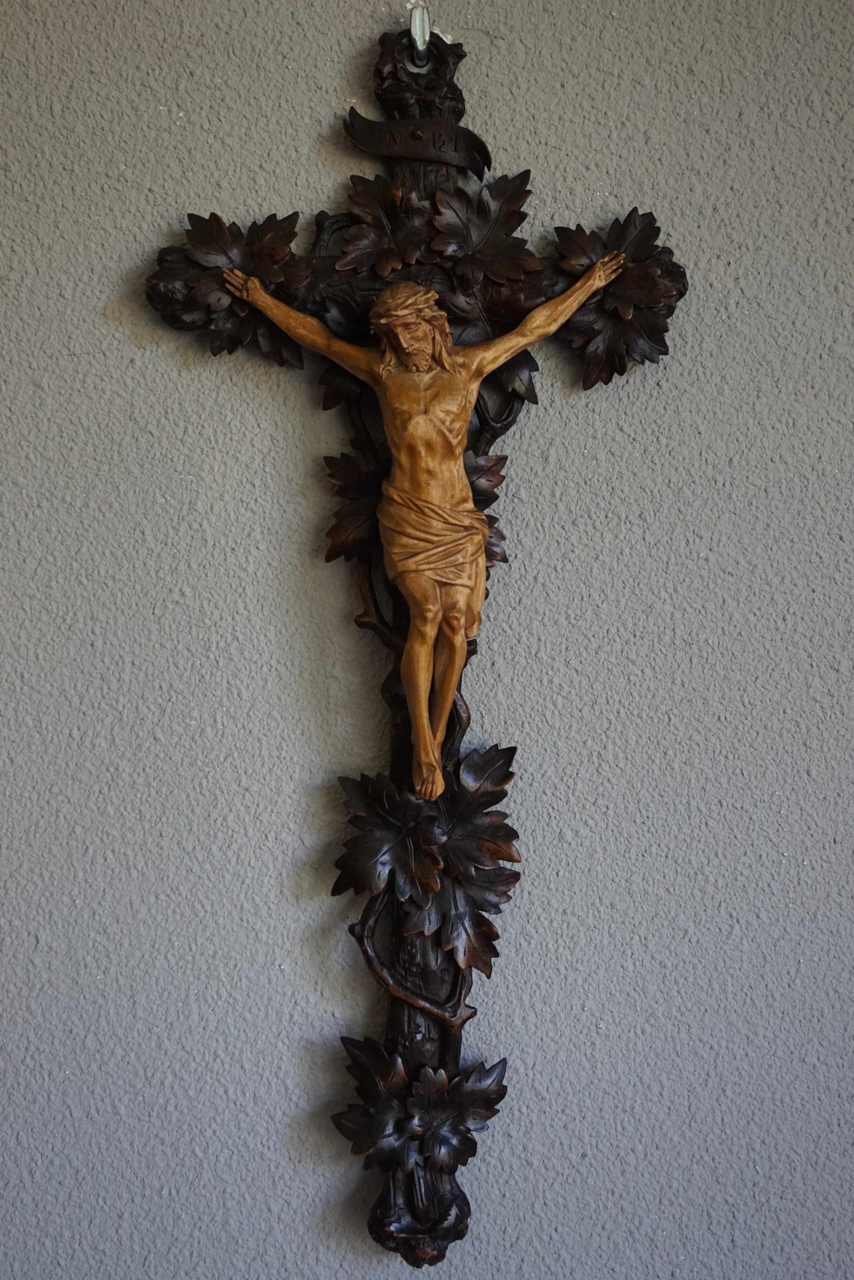 Antique Hand Carved Wooden Black Forest Crucifix with Corpus of Christ Sculpture 10