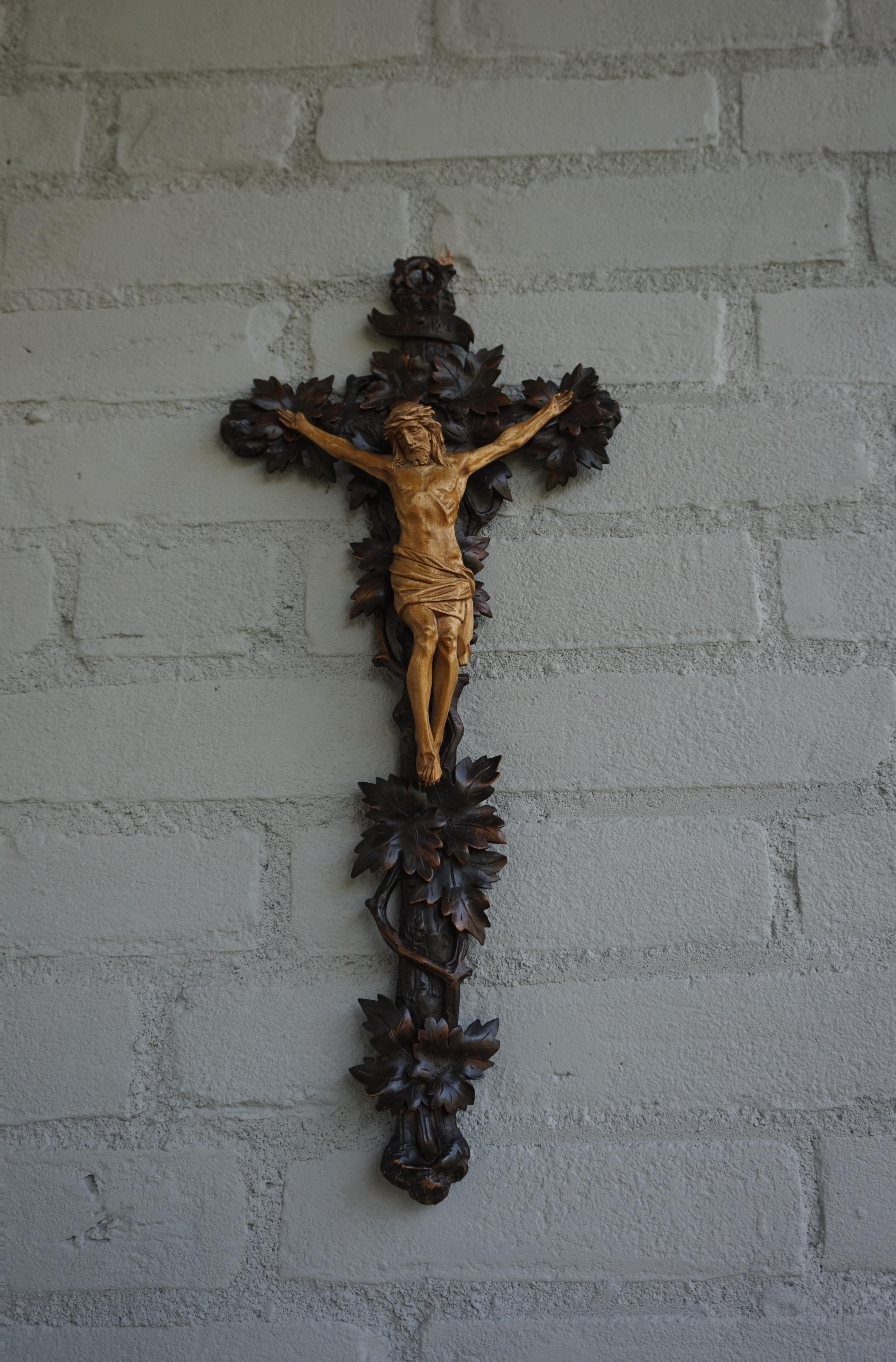 Antique Hand Carved Wooden Black Forest Crucifix with Corpus of Christ Sculpture 13
