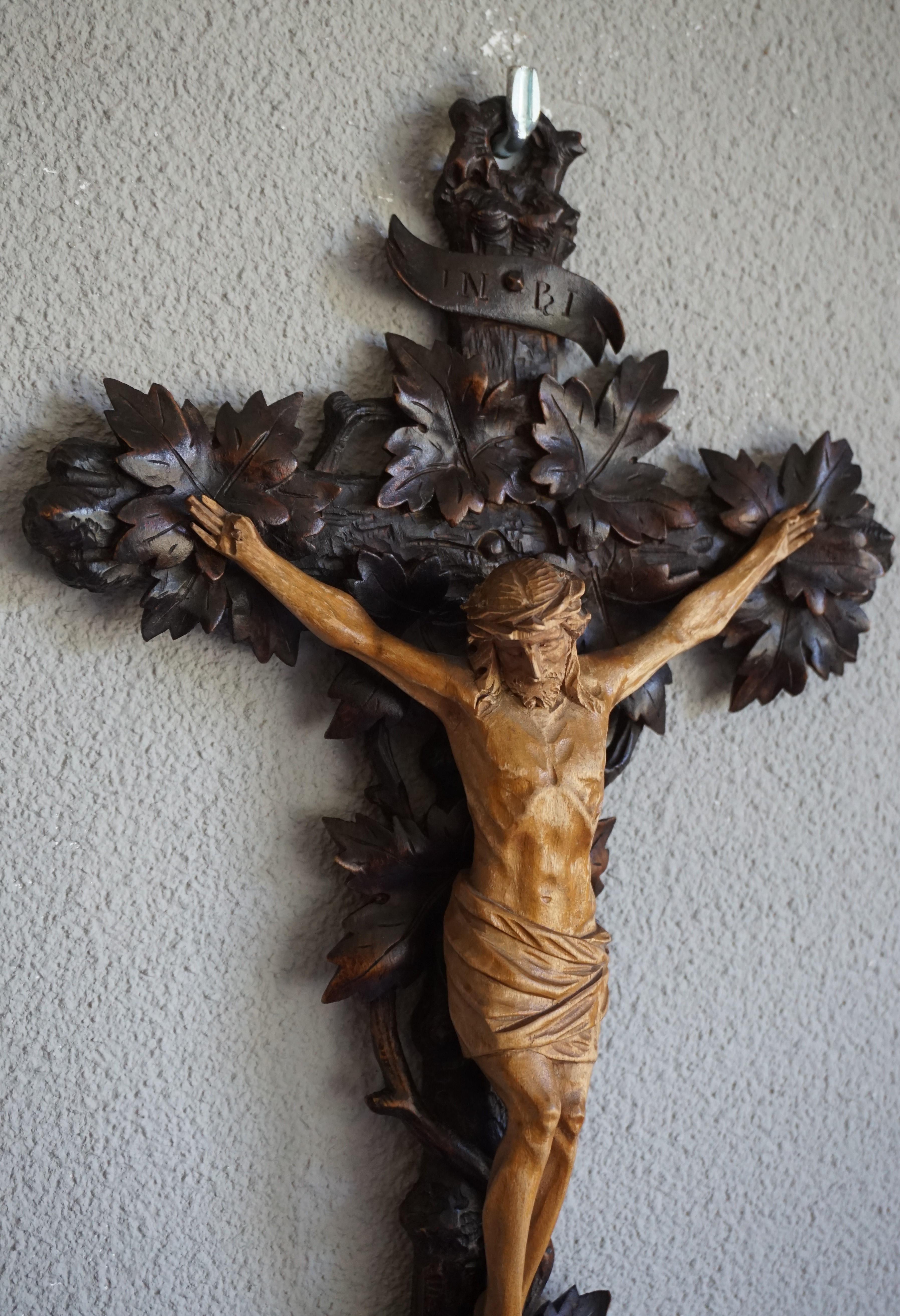 20th Century Antique Hand Carved Wooden Black Forest Crucifix with Corpus of Christ Sculpture