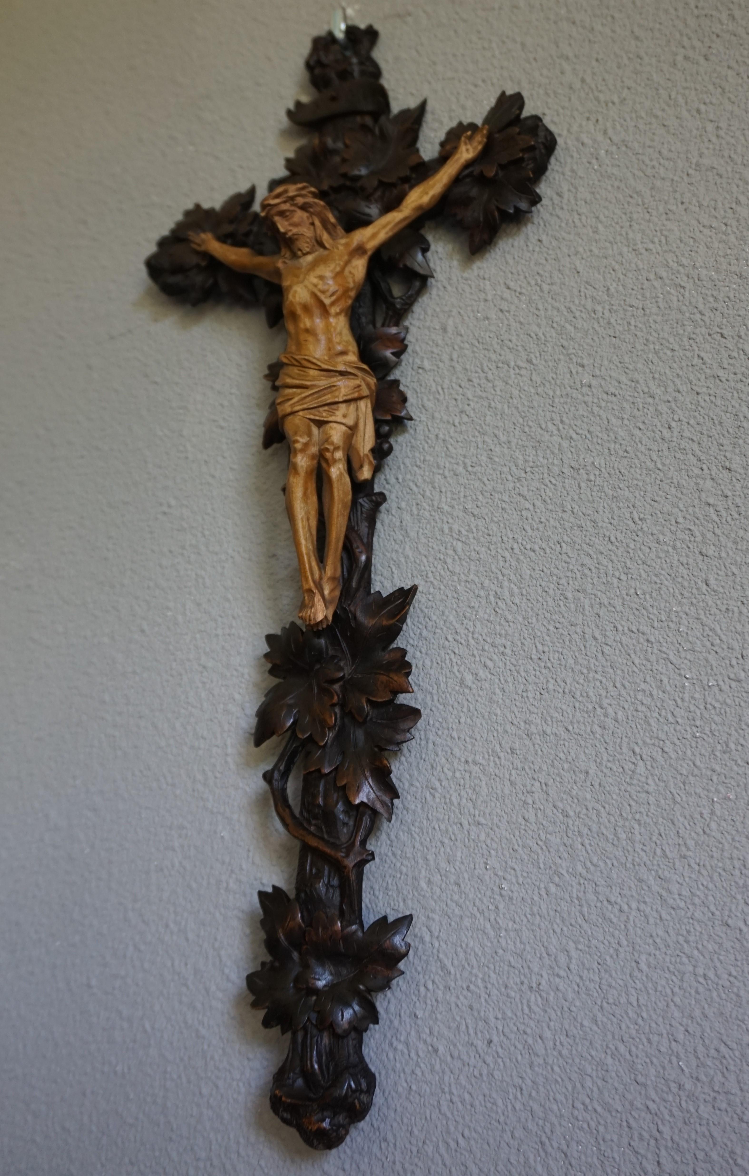 Antique Hand Carved Wooden Black Forest Crucifix with Corpus of Christ Sculpture 2
