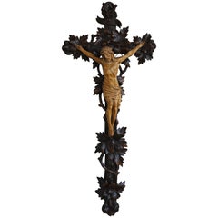 Antique Hand Carved Wooden Black Forest Crucifix with Corpus of Christ Sculpture