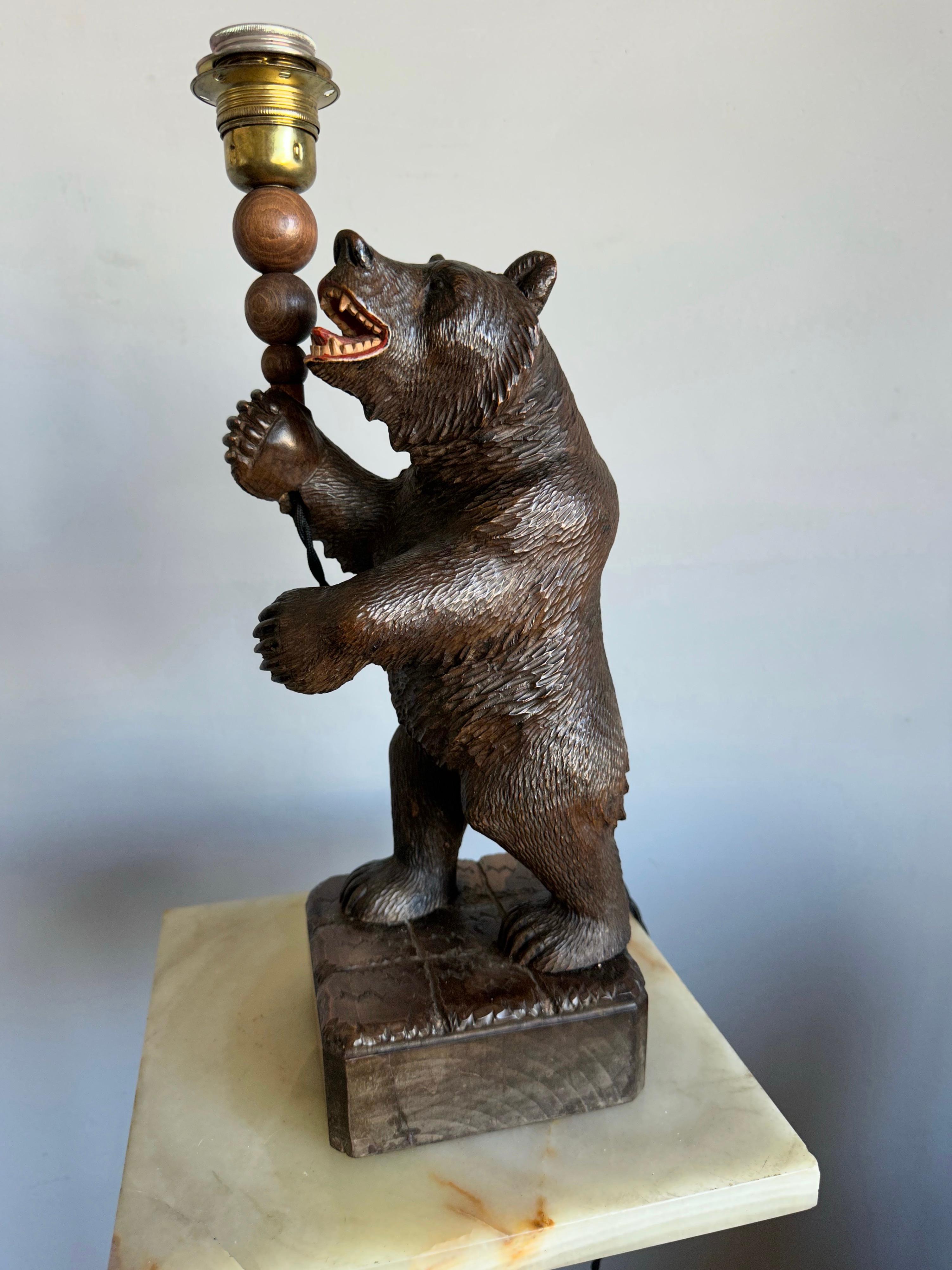 European Antique Carved Wooden Black Forest Standing Bear Sculpture Table / Desk Lamp For Sale