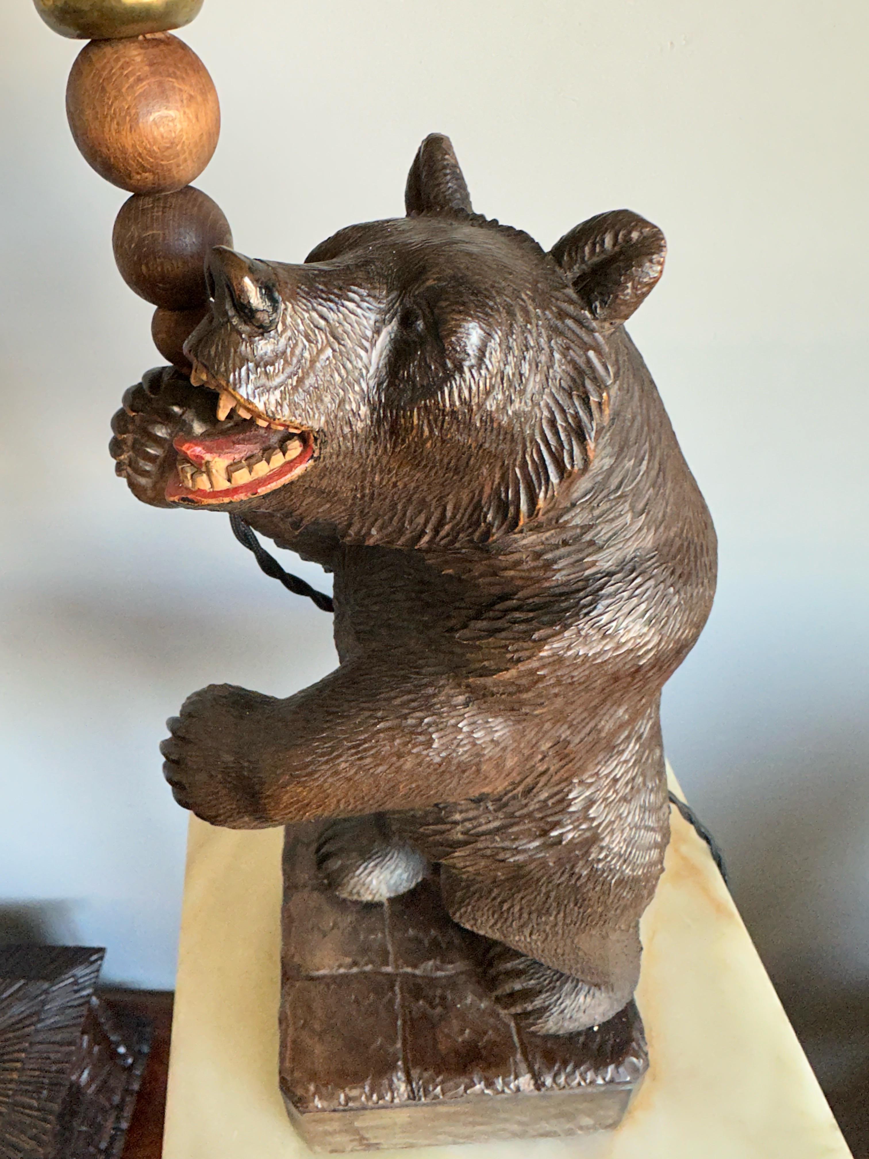 Glass Antique Carved Wooden Black Forest Standing Bear Sculpture Table / Desk Lamp For Sale