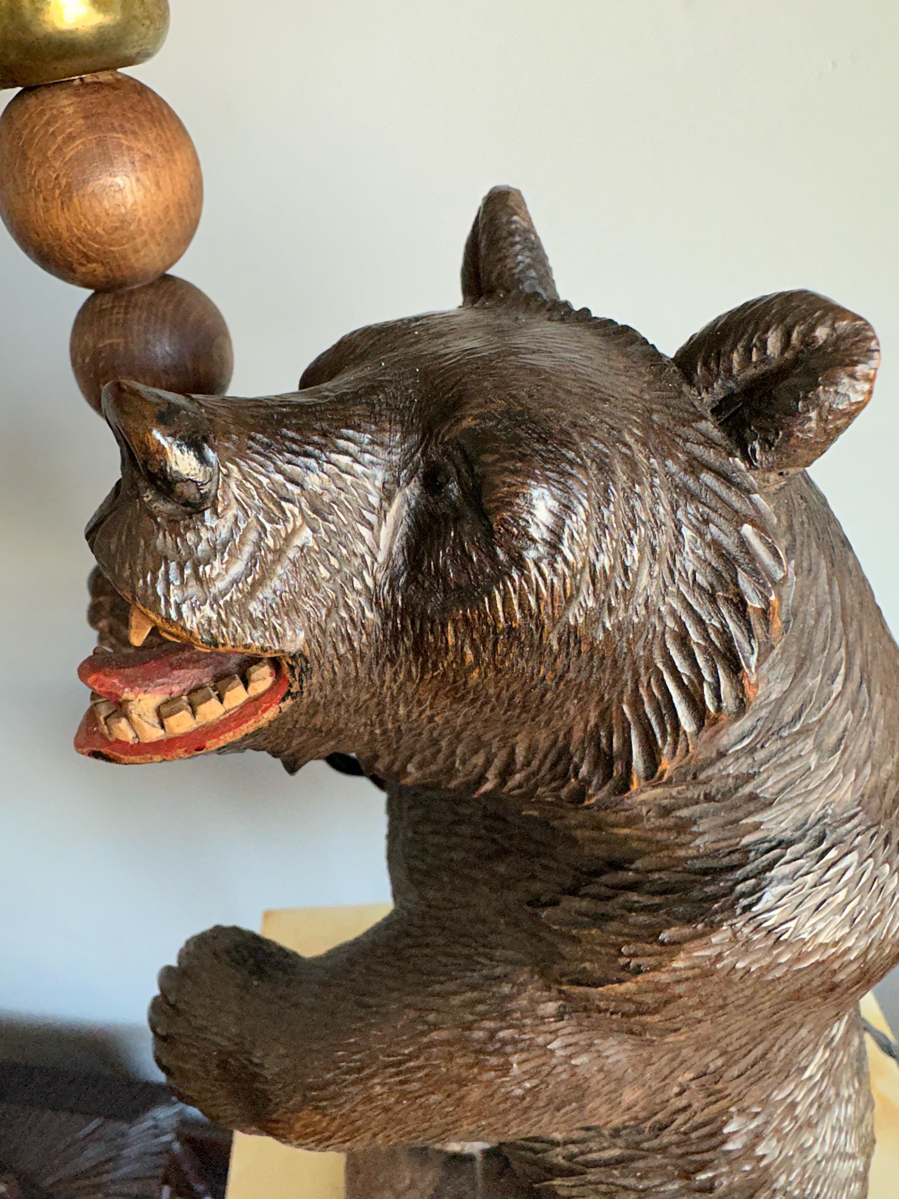 Antique Carved Wooden Black Forest Standing Bear Sculpture Table / Desk Lamp For Sale 2