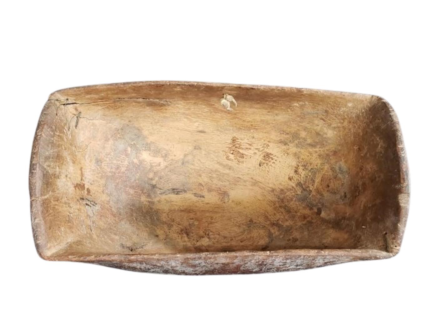 American Antique Hand-Carved Wooden Dough Bowl Primitive Rustic Trough with Early Stitch For Sale