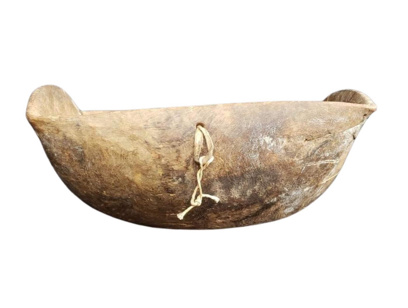 19th Century Antique Hand-Carved Wooden Dough Bowl Primitive Rustic Trough with Early Stitch For Sale