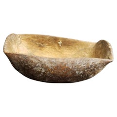 Antique Hand-Carved Wooden Dough Bowl Primitive Rustic Trough with Early Stitch