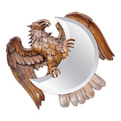 Antique Hand-Carved Wooden Eagle Mirror with Crescent Glass