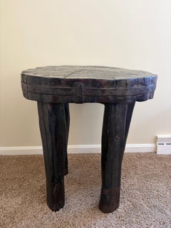 Antique Hand-Carved Wooden & Iron Side Table, Early 20th Century