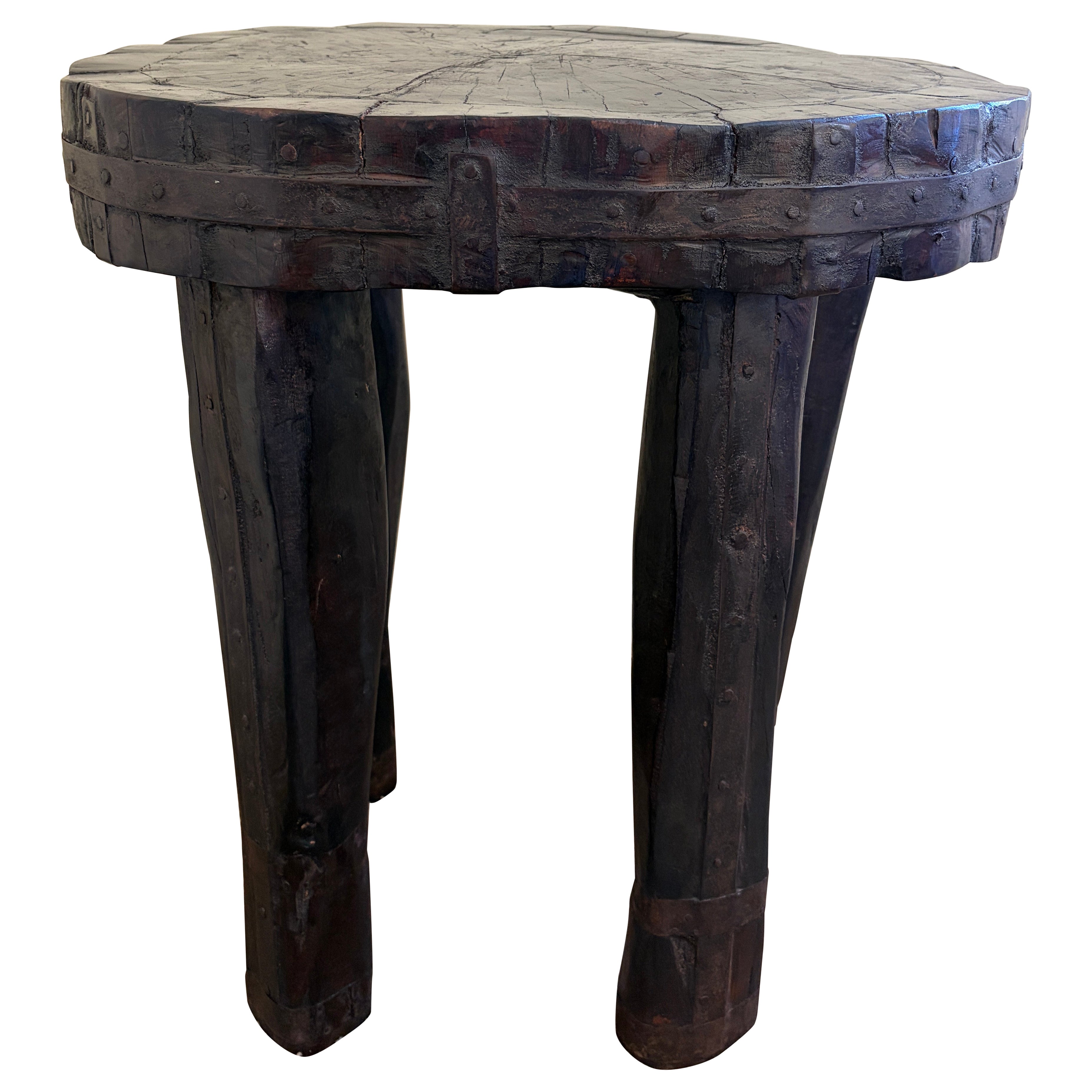 Early 20th Century Hand-Carved Wood and Iron Side Table, Organic Tribal Form For Sale