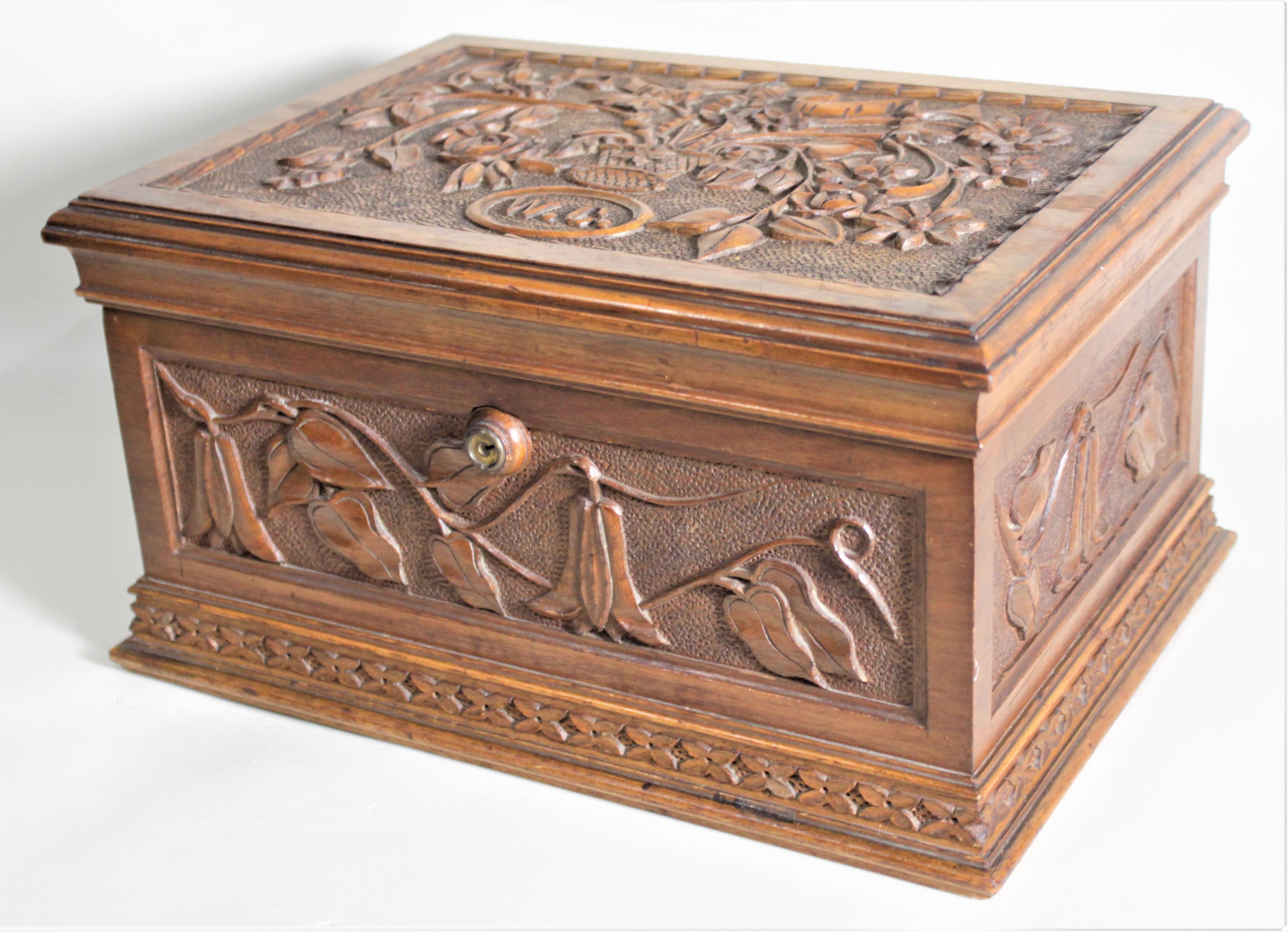 Antique Hand Carved Wooden Jewelry Casket or Box with Ornate Floral Decoration 3