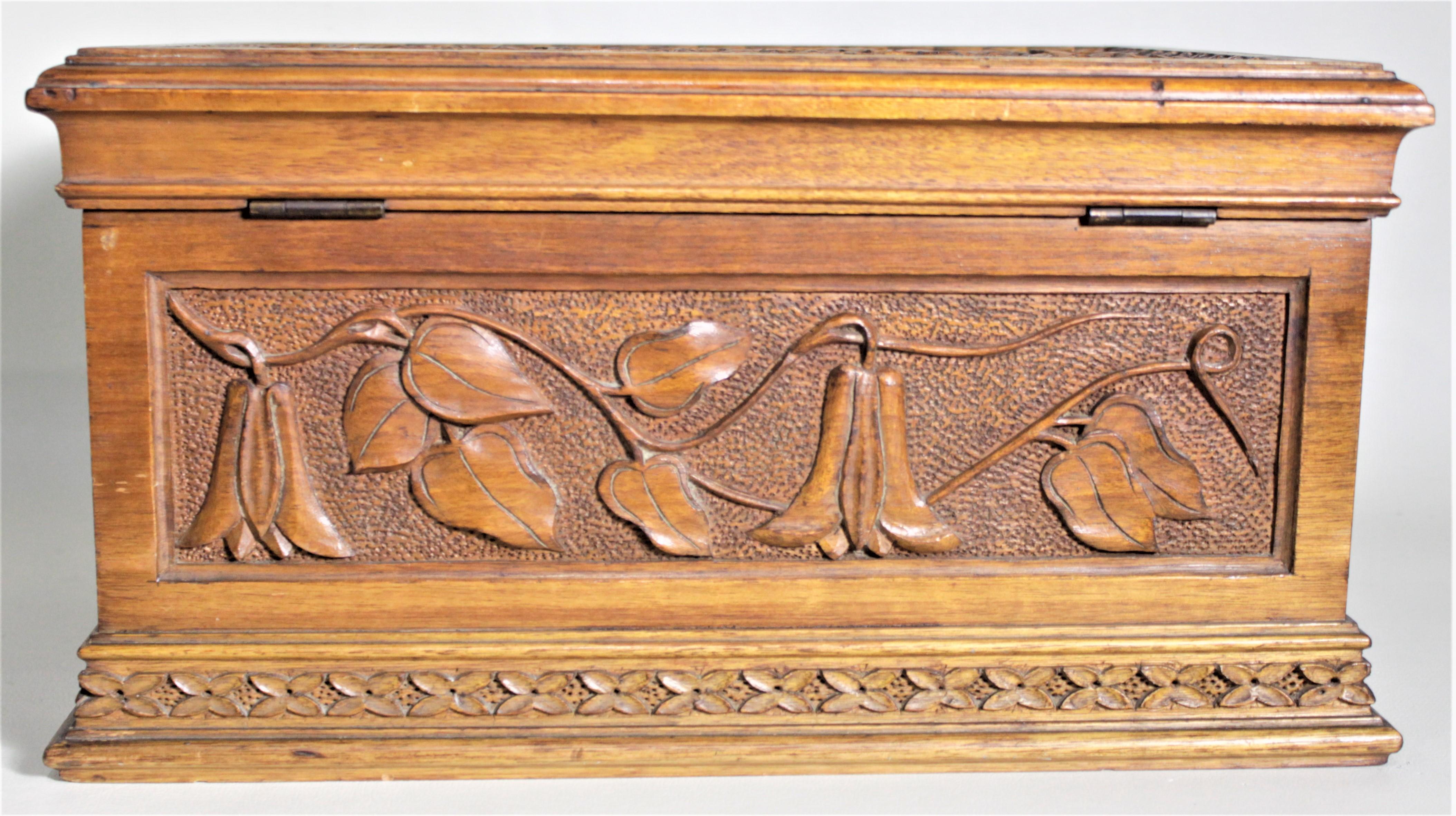 Art Nouveau Antique Hand Carved Wooden Jewelry Casket or Box with Ornate Floral Decoration