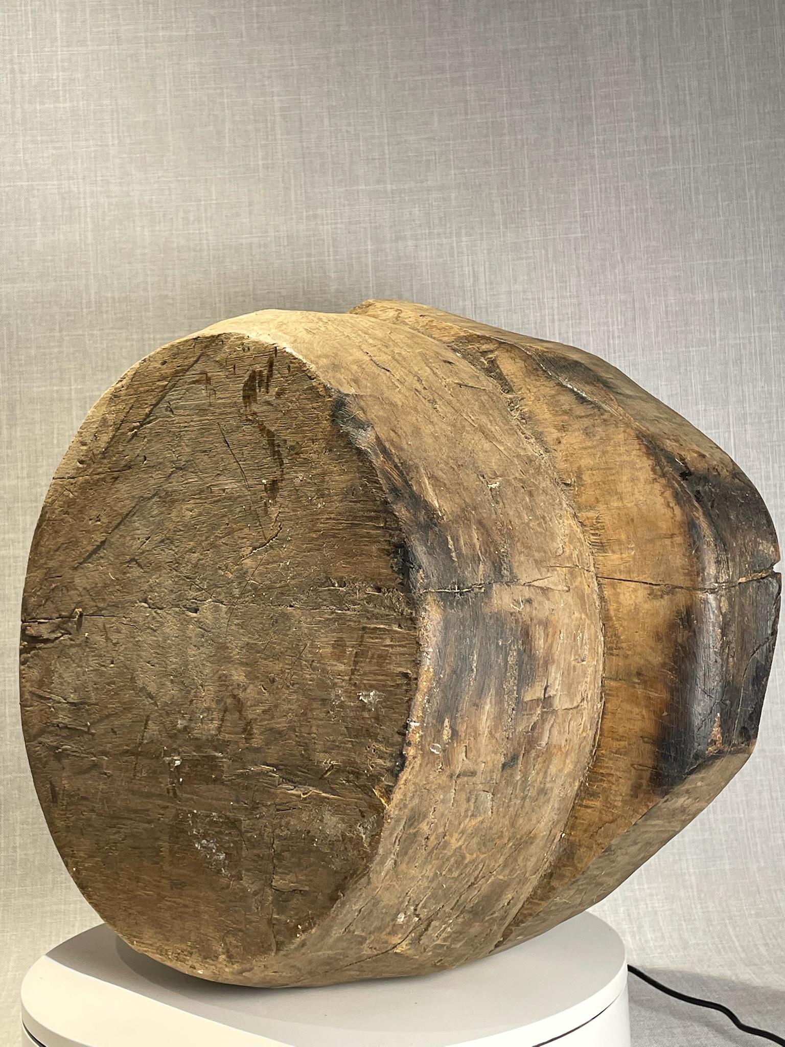 Antique Hand-Carved Wooden Mortar Base – Rustic Primitive Tool For Sale 5