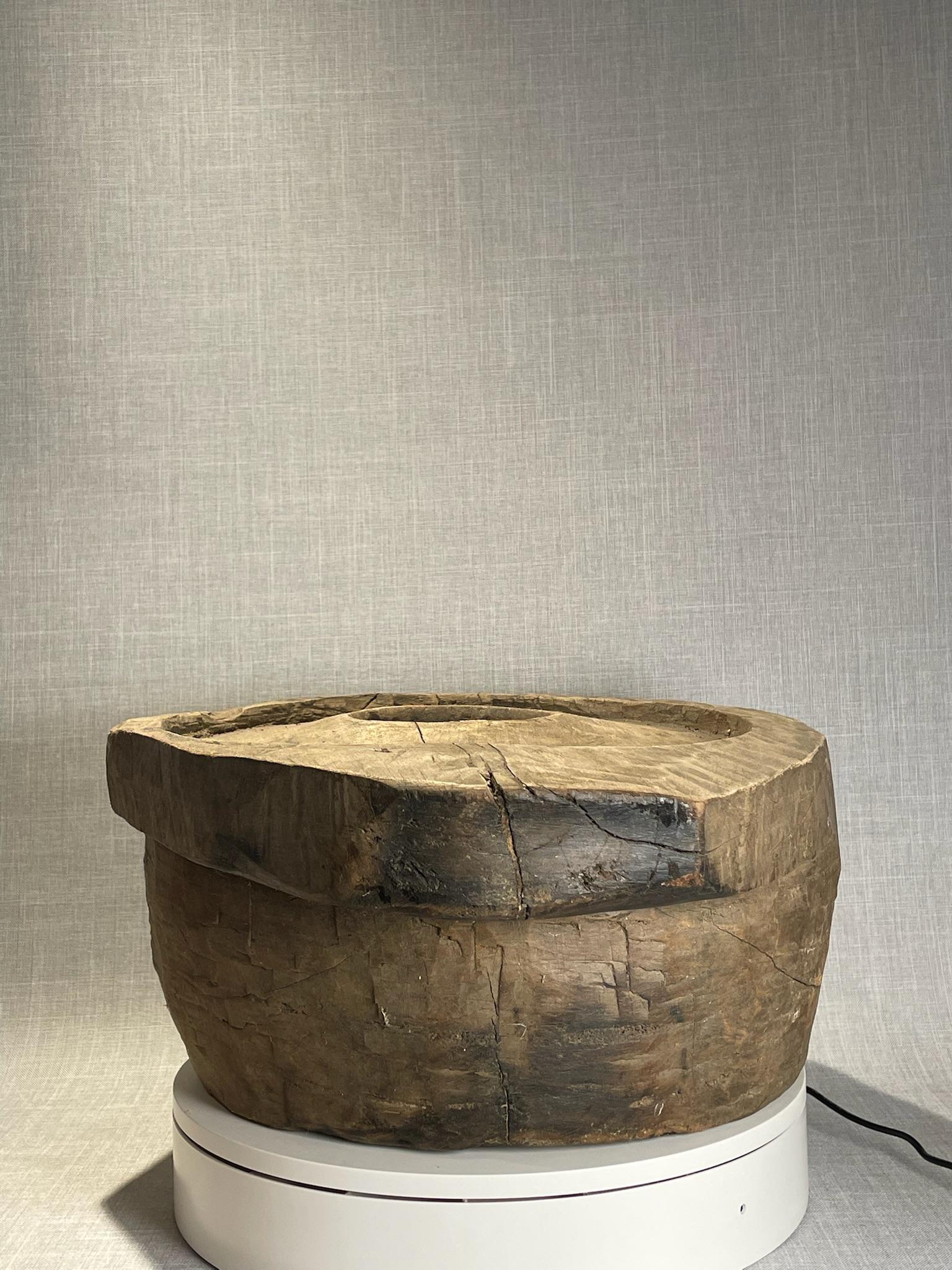 American Antique Hand-Carved Wooden Mortar Base – Rustic Primitive Tool For Sale