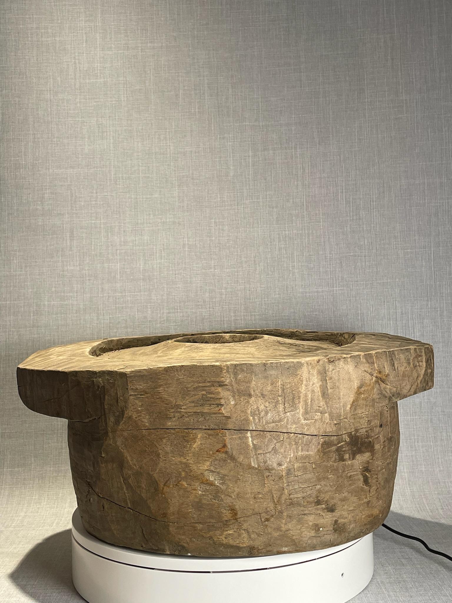 20th Century Antique Hand-Carved Wooden Mortar Base – Rustic Primitive Tool For Sale