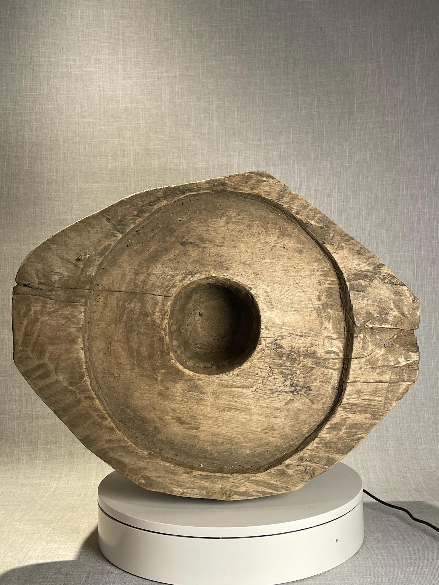 Antique Hand-Carved Wooden Mortar Base – Rustic Primitive Tool For Sale 1